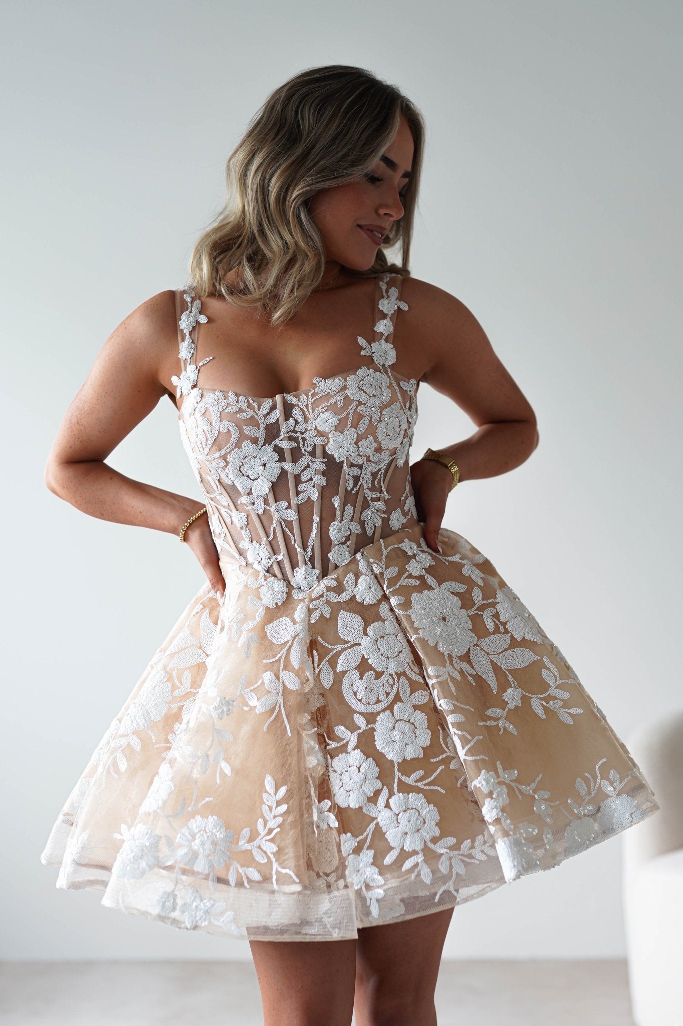 Anziel Mini Skater Dress Floral Embroidery | Nude | Graduation | Bride To Be Hen Dress | Oh Hello Clothing