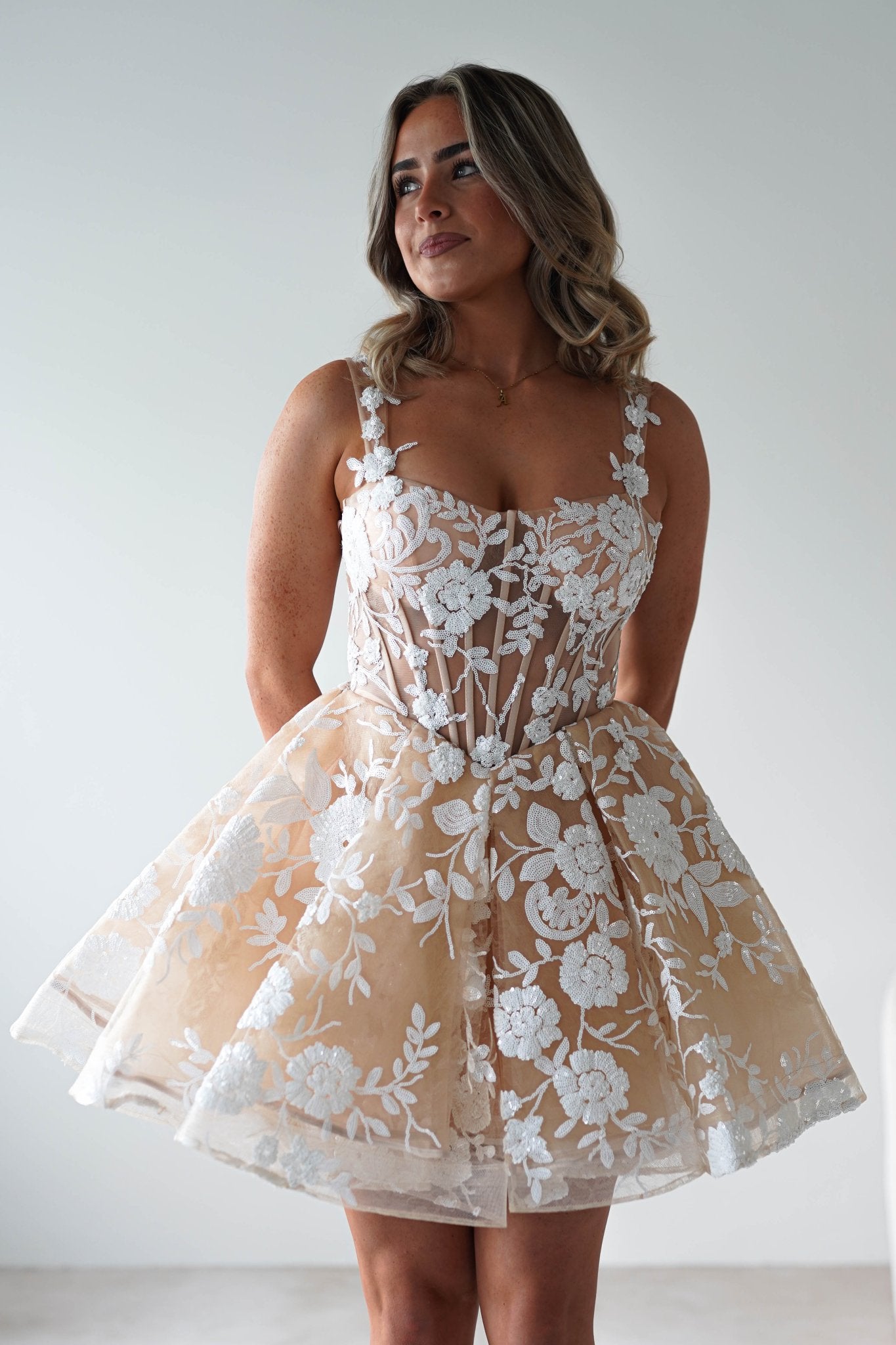 Anziel Mini Skater Dress Floral Embroidery | Nude | Graduation | Bride To Be Hen Dress | Oh Hello Clothing