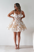 Anziel Mini Skater Dress Floral Embroidery | Nude | Graduation | Bride To Be Hen Dress | Oh Hello Clothing