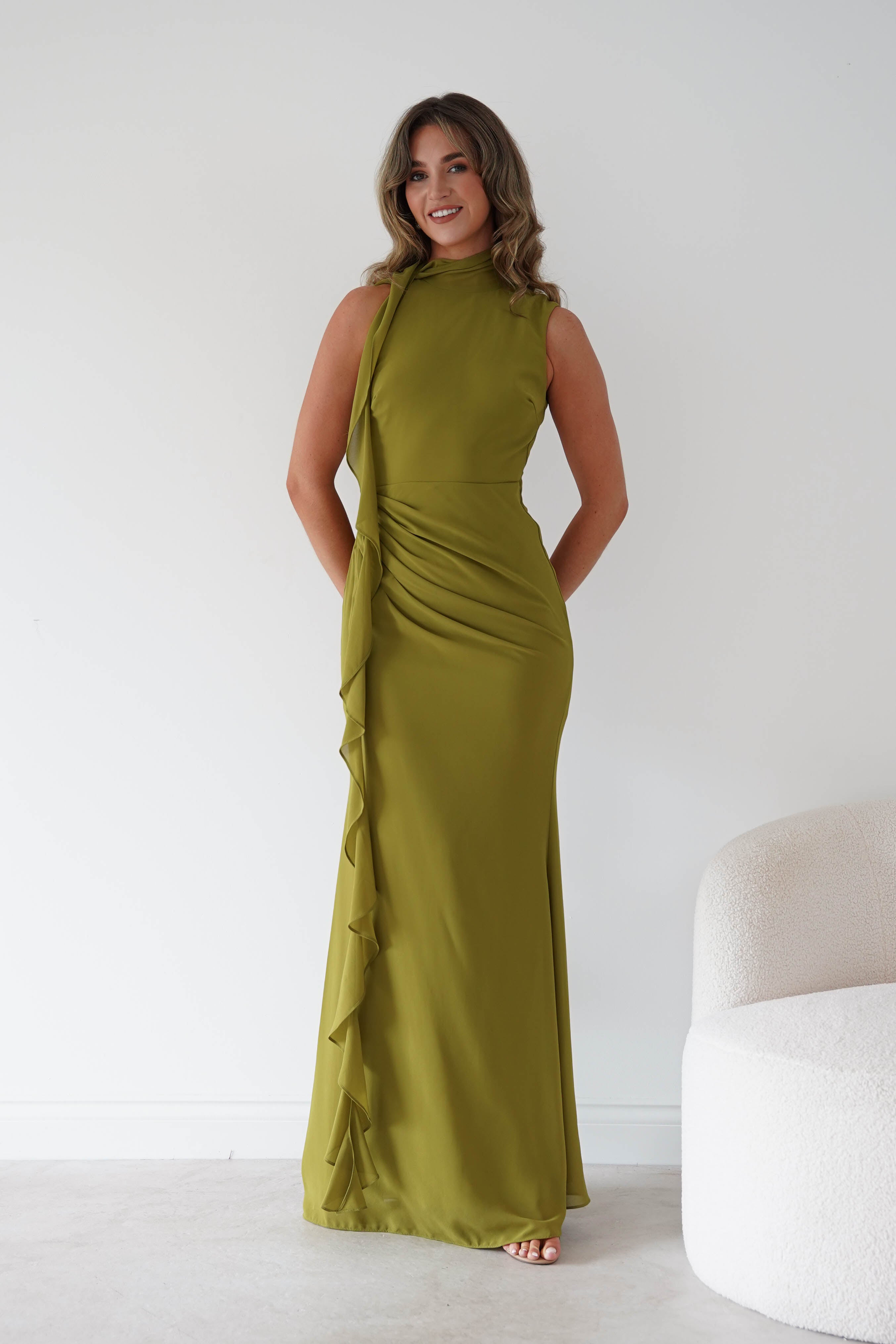 Oh Hello Clothing Women > Clothing > Dresses Aoife Draped Rosette Maxi Dress | Chartreuse Green