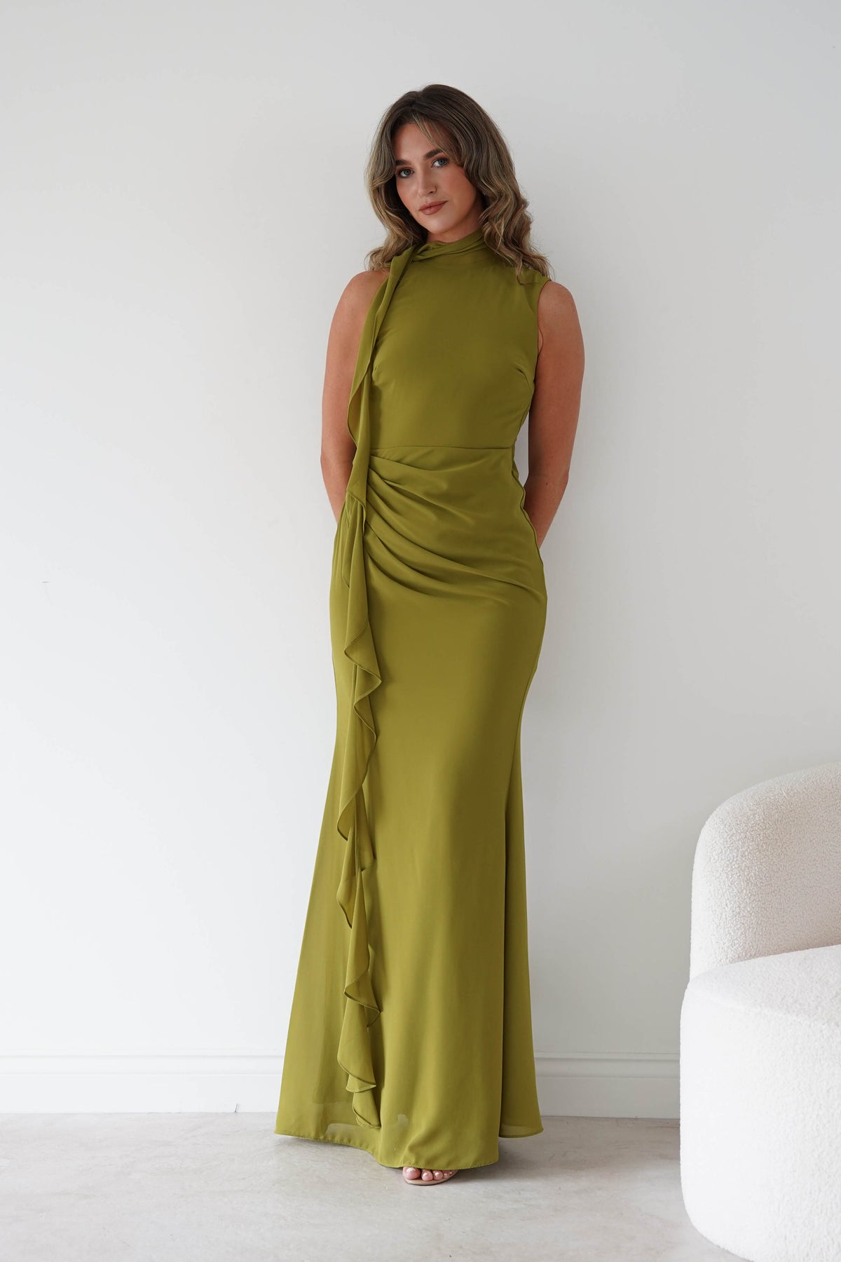 Oh Hello Clothing Women > Clothing > Dresses Aoife Draped Rosette Maxi Dress | Chartreuse Green