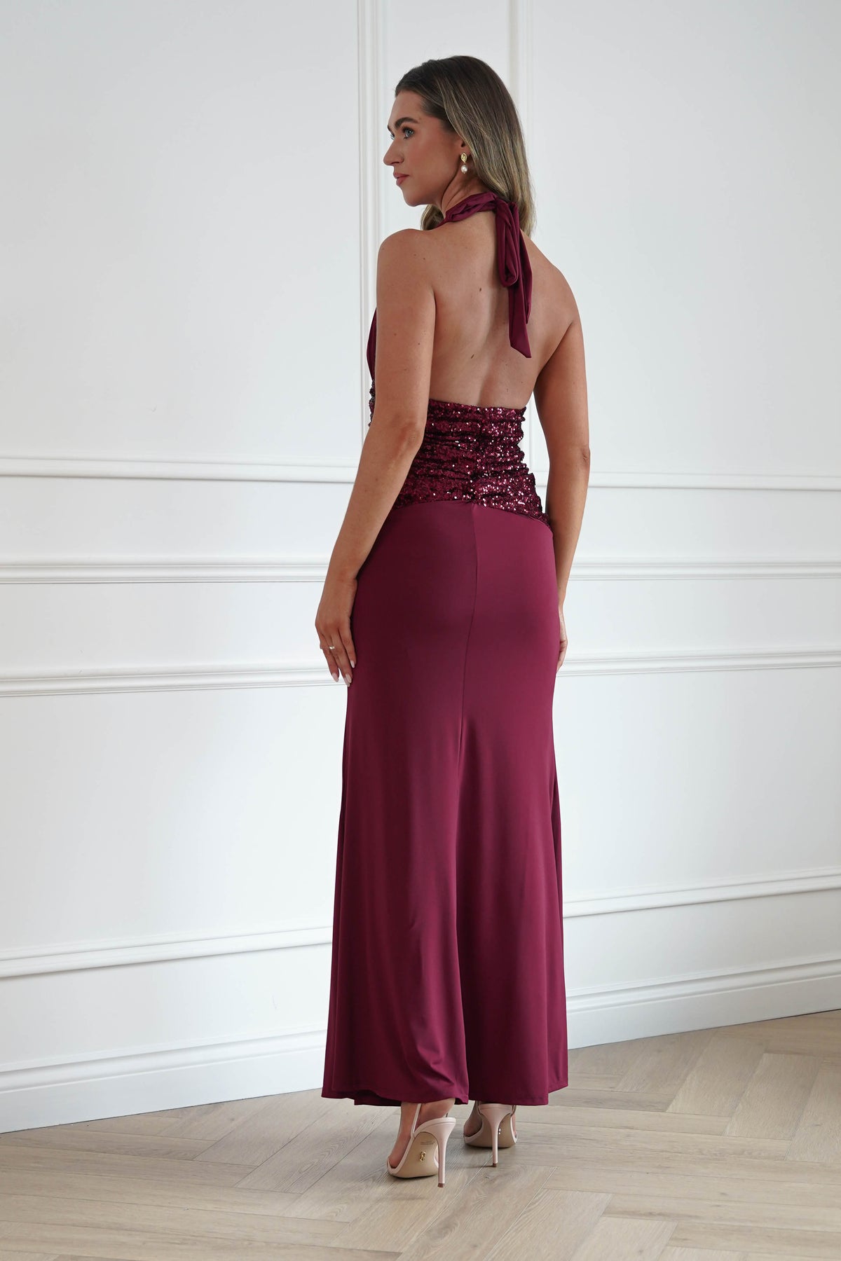 Oh Hello Clothing Women > Clothing > Dresses Aribella Plunge Halternect Sequin Maxi Dress | Burgundy