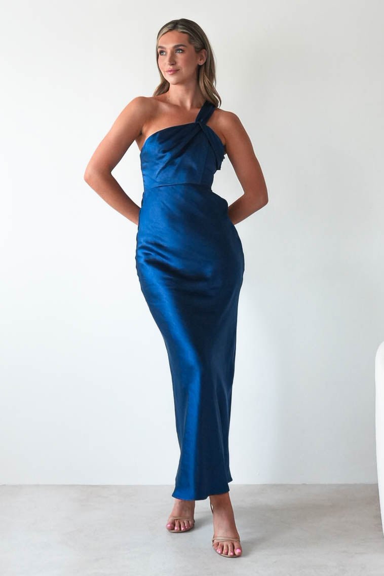 Ashlee Soft Satin One Shoulder Maxi Dress Navy | Wedding Guest Dress | One Shoulder | Maxi | Oh Hello Clothing
