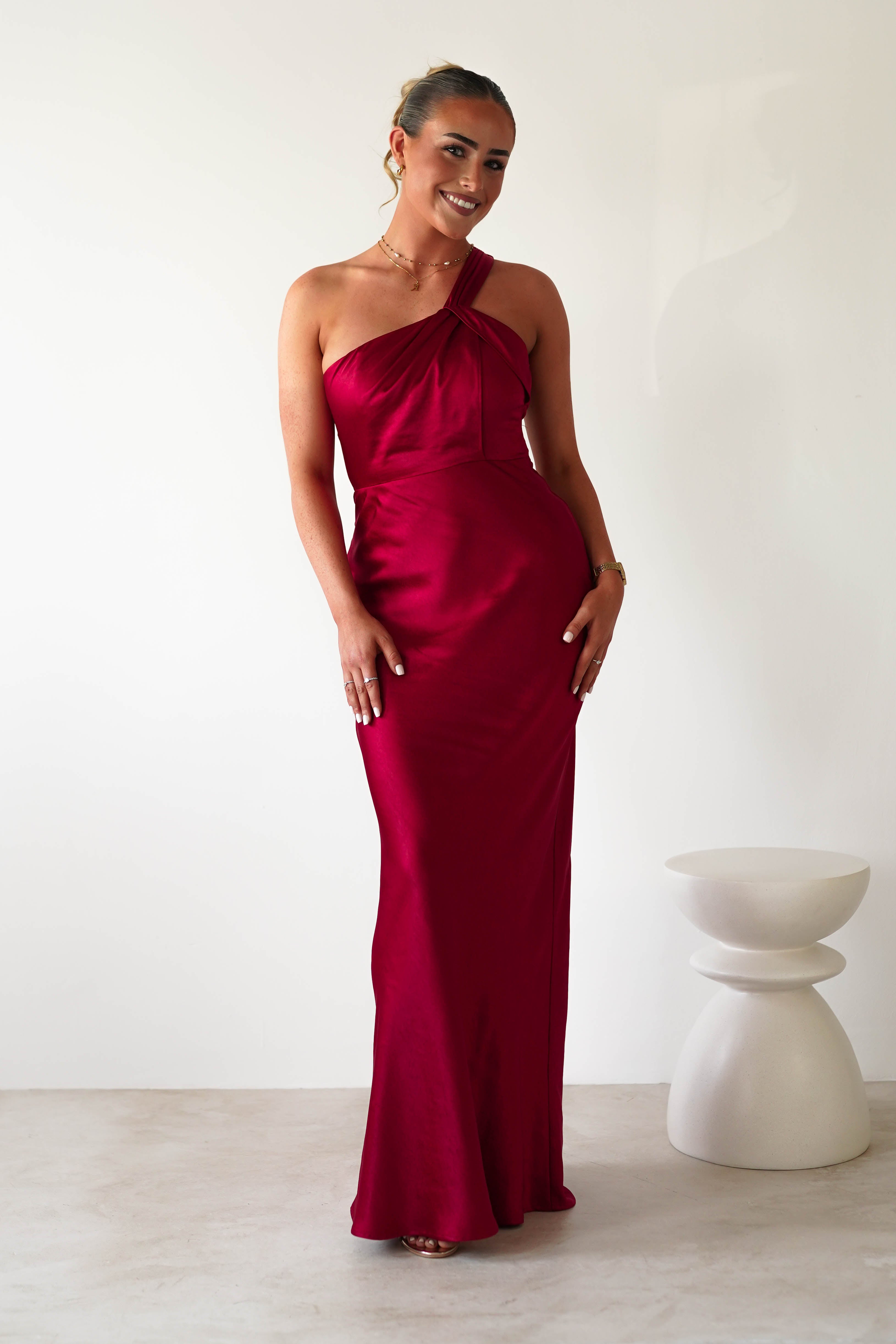 Ashlee Soft Satin One Shoulder Maxi Dress Red | Wedding Guest Dress | One Shoulder | Maxi | Oh Hello Clothing