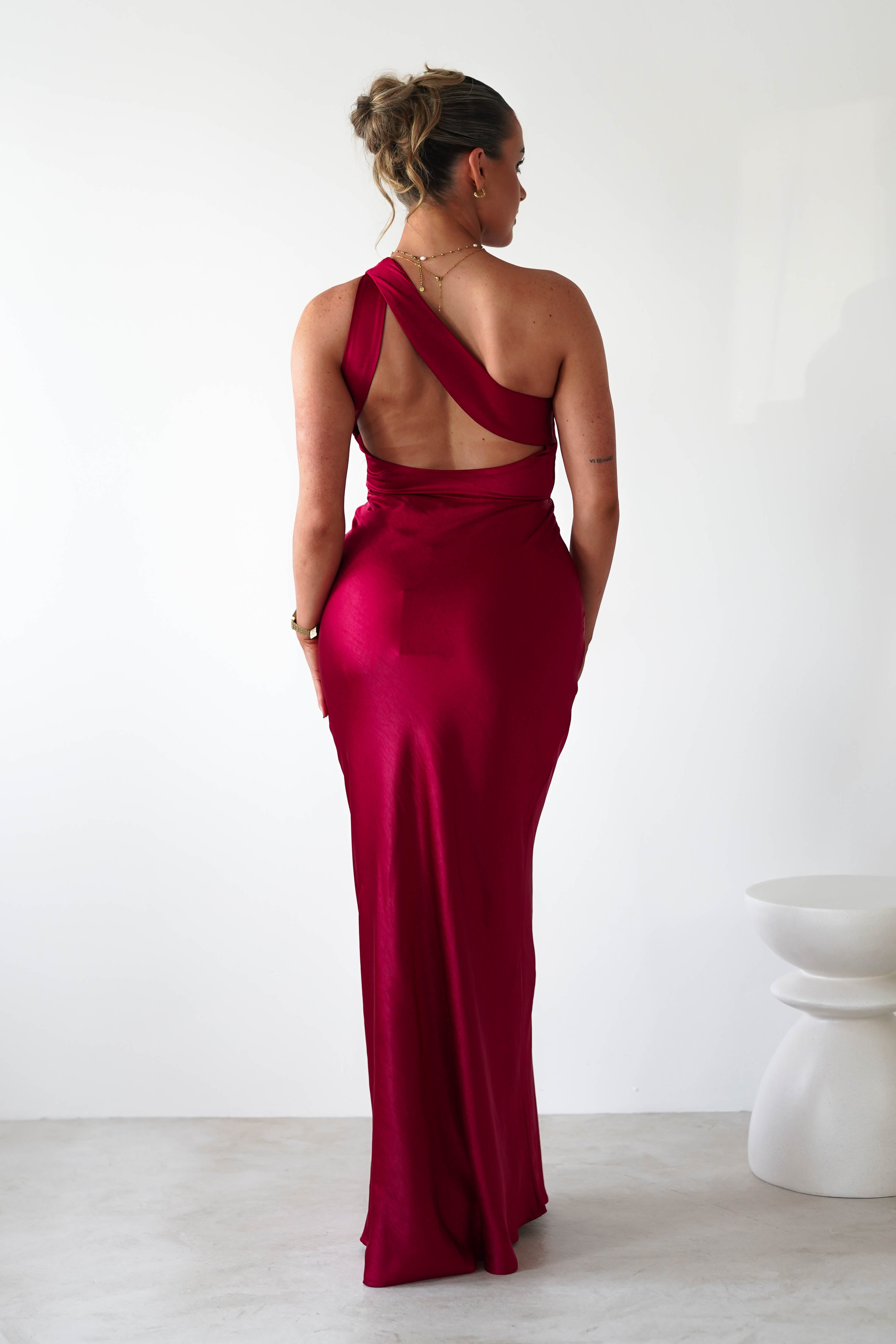 Ashlee Soft Satin One Shoulder Maxi Dress Red | Wedding Guest Dress | One Shoulder | Maxi | Oh Hello Clothing