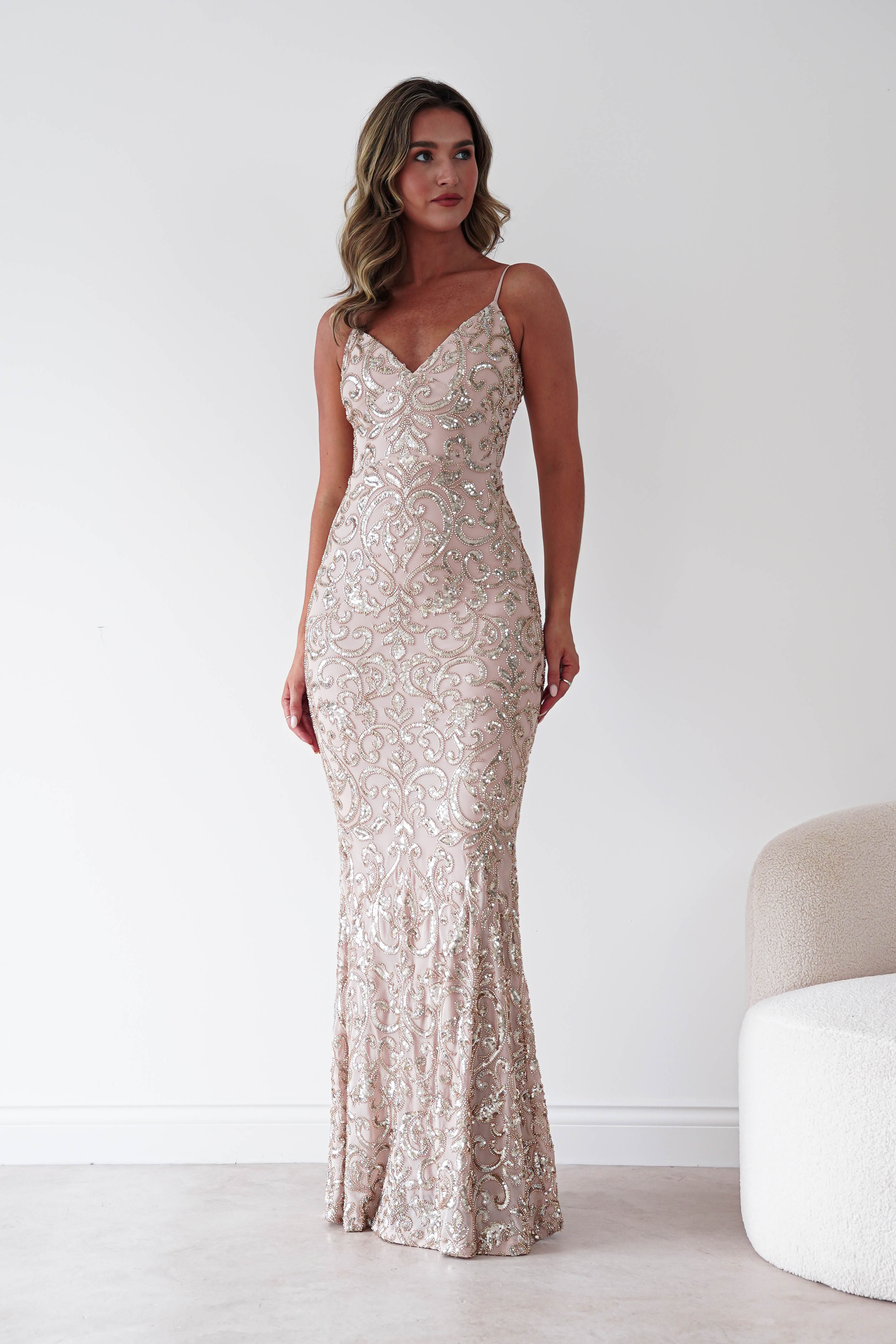 Oh Hello Clothing Dresses > Prom Dresses Aster Iridescent Beaded Embellished Gown | Gold