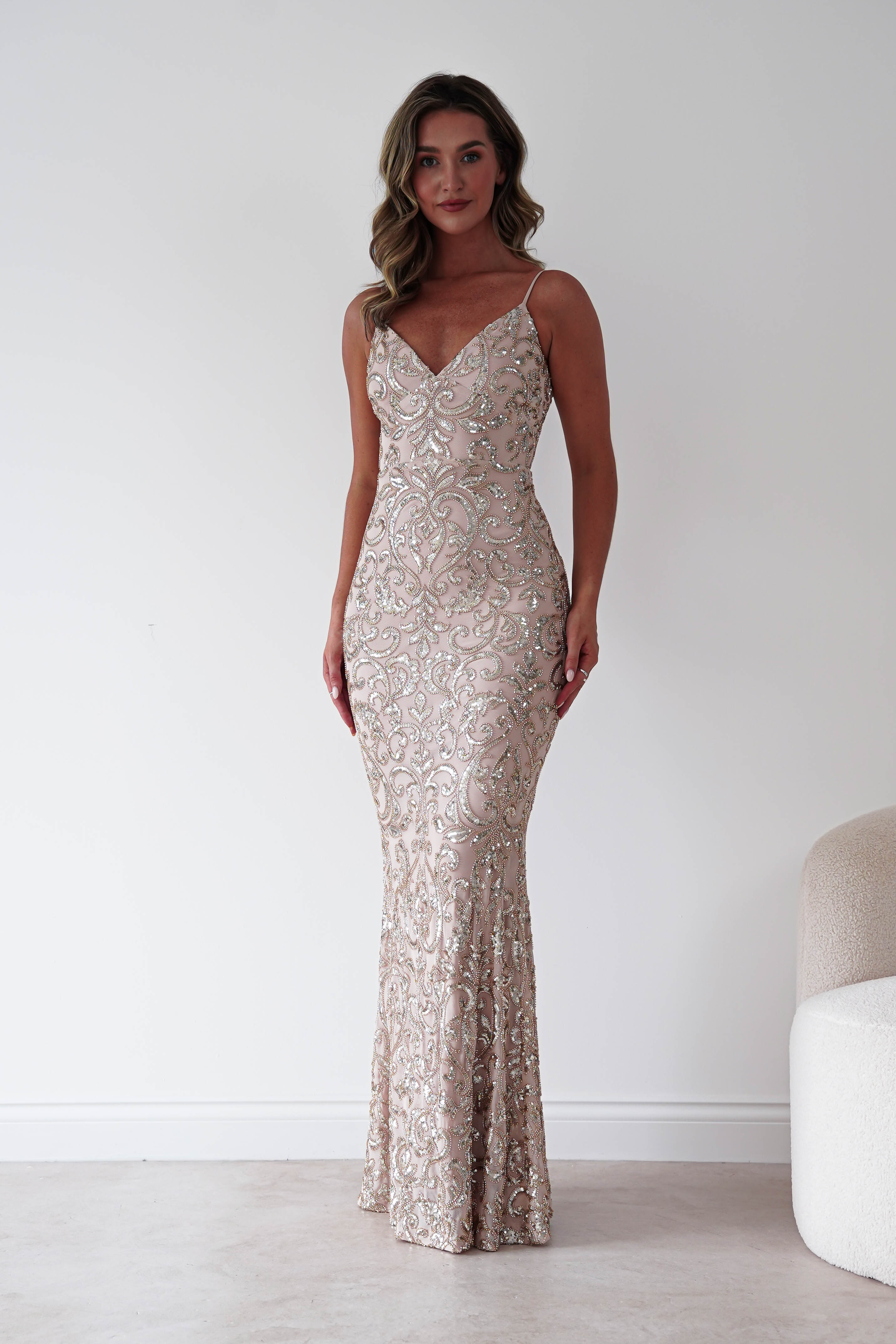 Oh Hello Clothing Dresses > Prom Dresses Aster Iridescent Beaded Embellished Gown | Gold