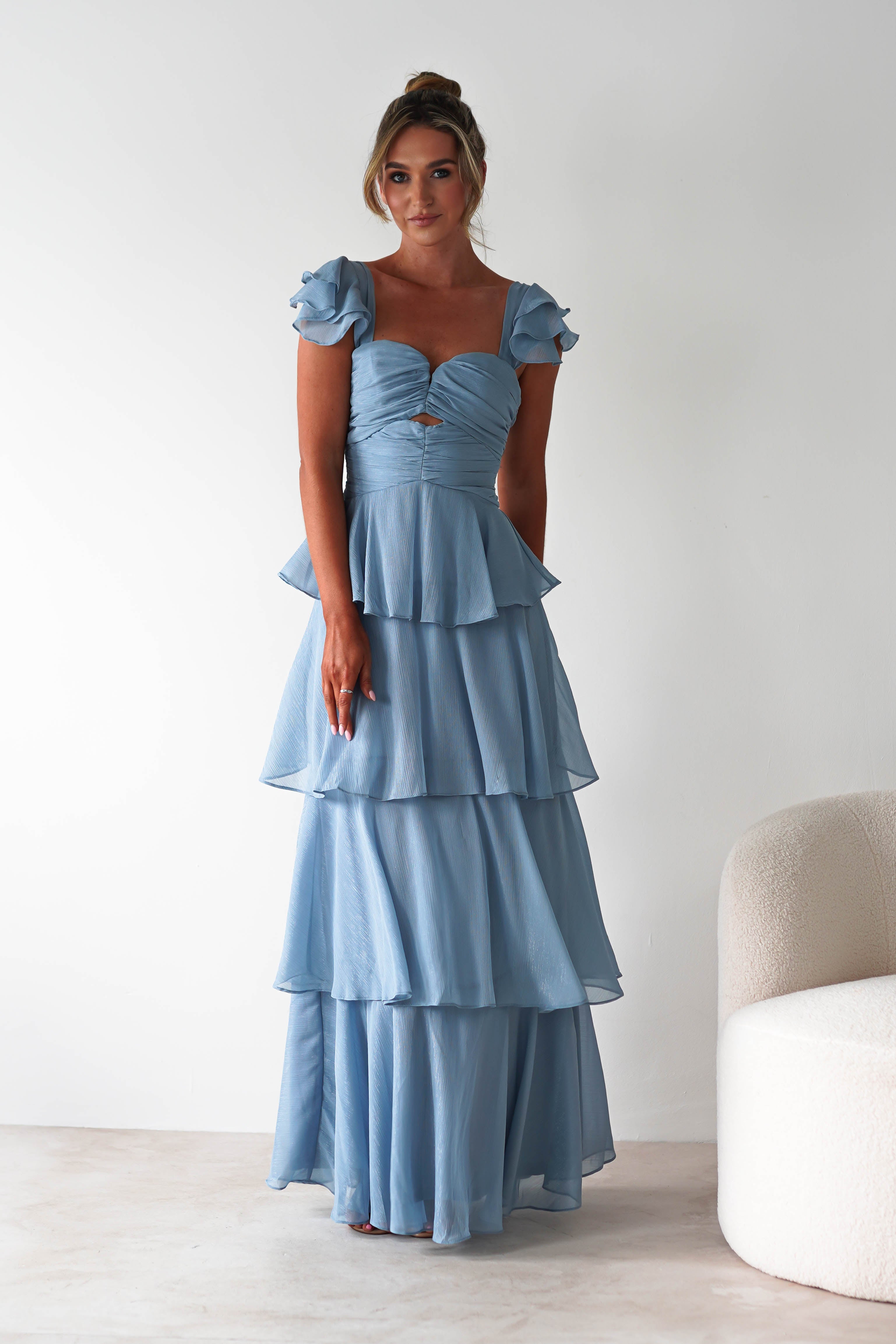 Audette Ruffle Tiered Maxi Dress Blue | Wedding Guest Dress | Maxi | Oh Hello Clothing