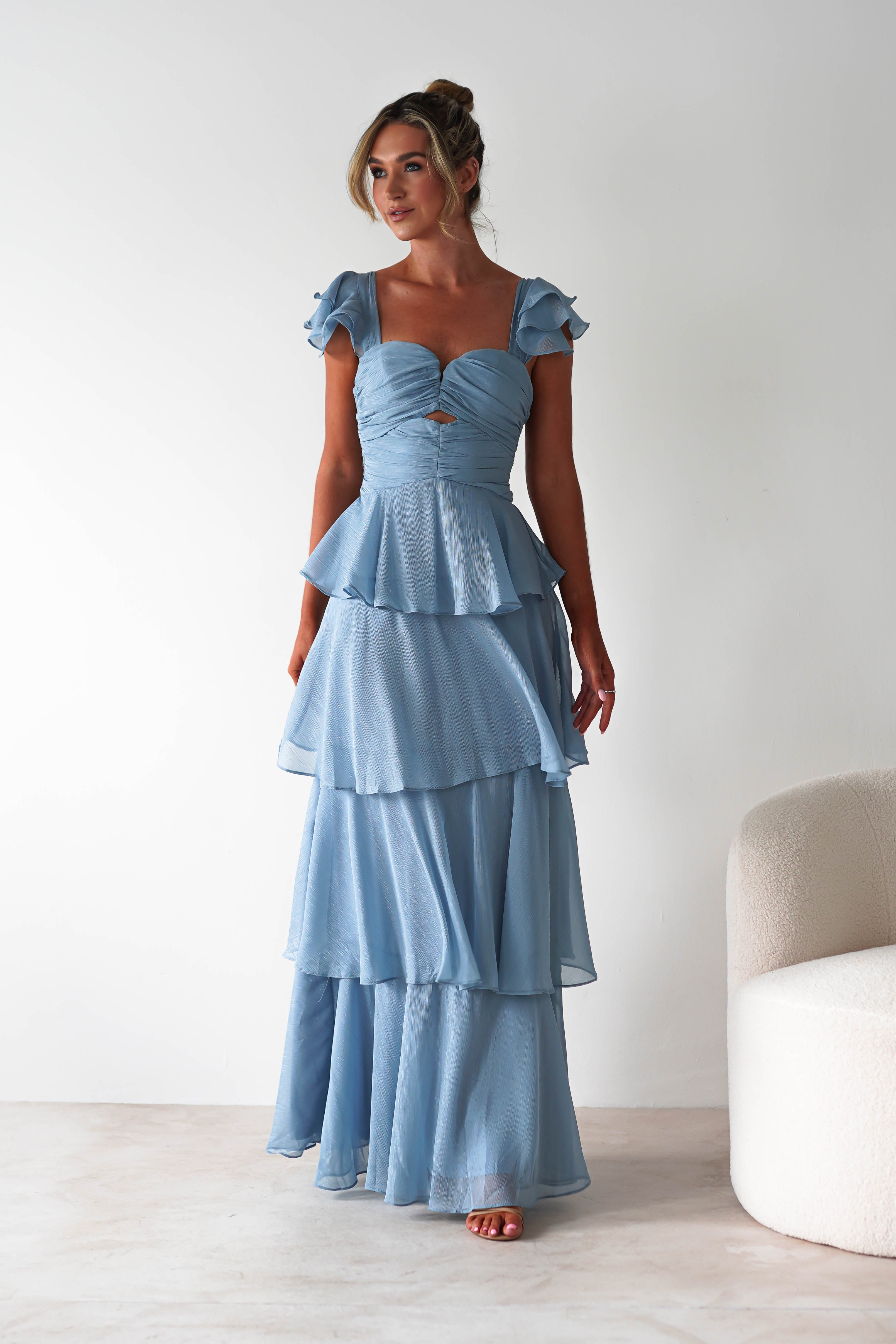 Audette Ruffle Tiered Maxi Dress Blue | Wedding Guest Dress | Maxi | Oh Hello Clothing