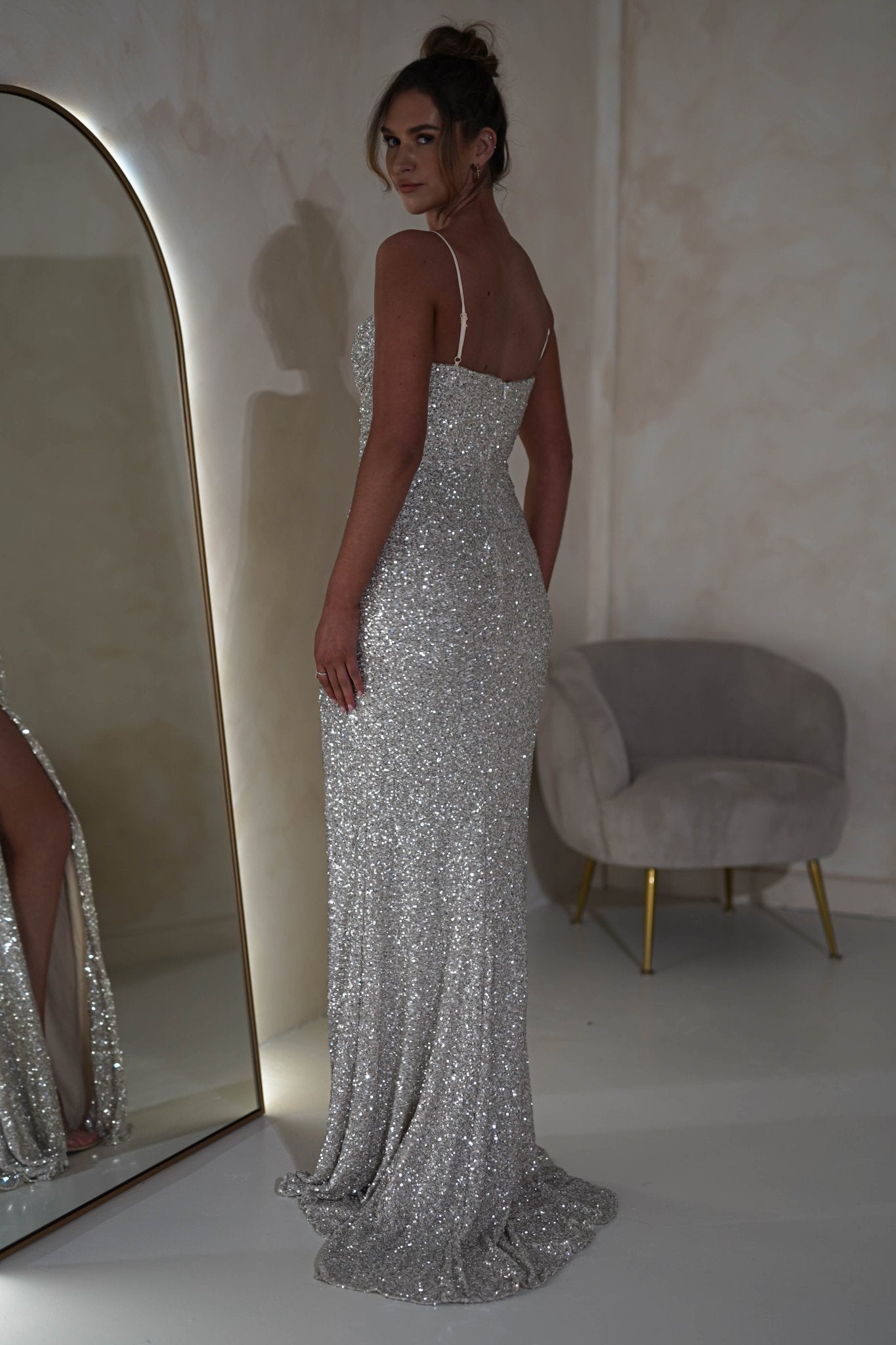 Audrina Bodycon Sequin Gown | Silver/Nude | Graduation | Bride To Be Hen Dress | Oh Hello Clothing