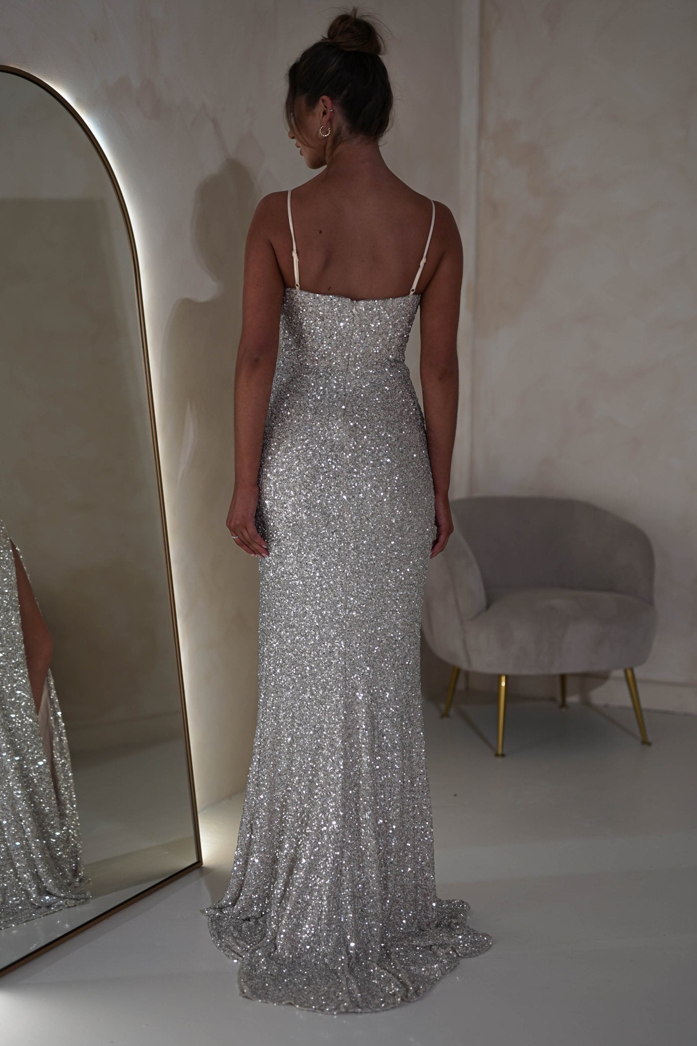 Audrina Bodycon Sequin Gown | Silver/Nude | Graduation | Bride To Be Hen Dress | Oh Hello Clothing