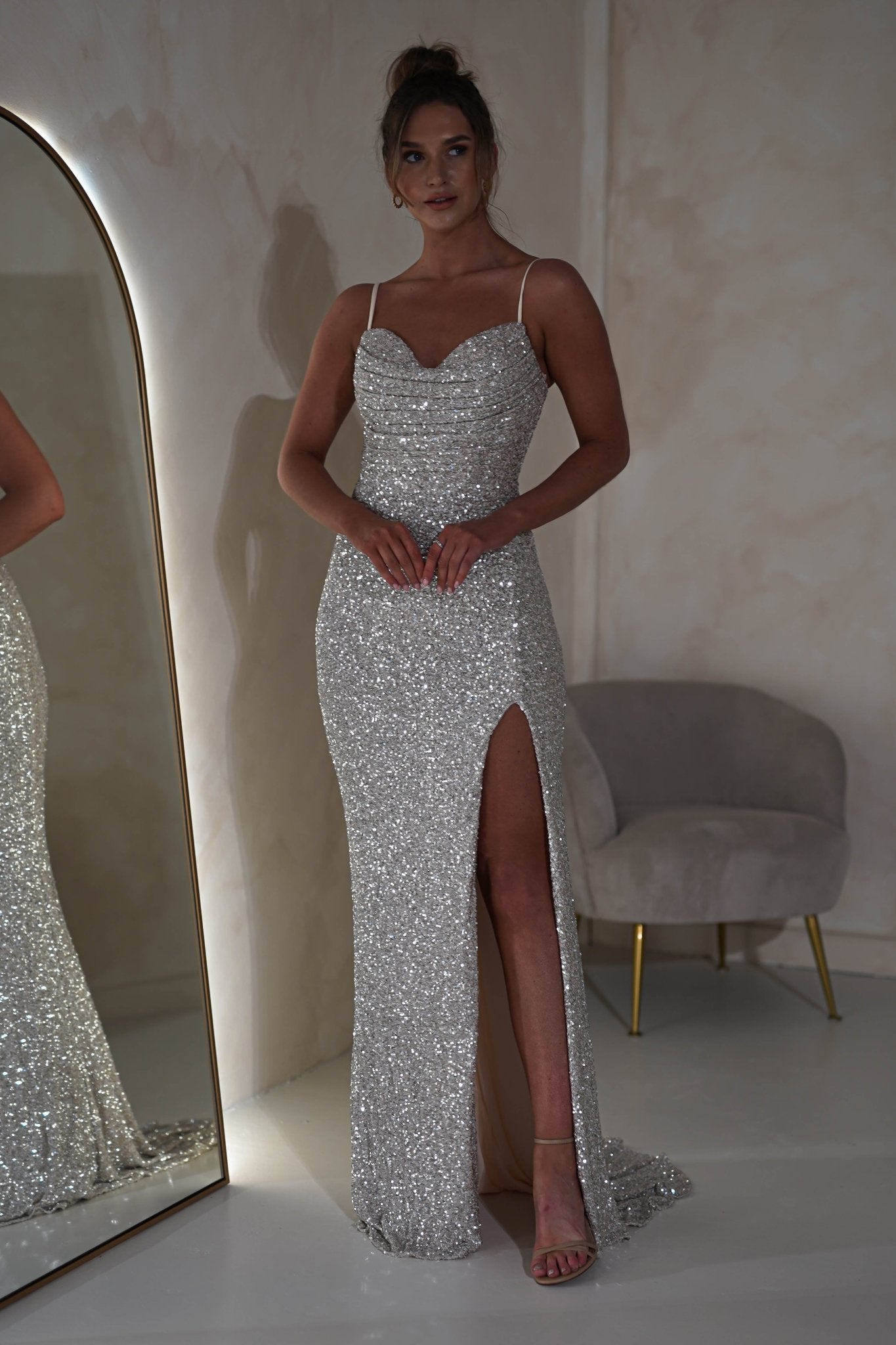 Audrina Bodycon Sequin Gown | Silver/Nude | Graduation | Bride To Be Hen Dress | Oh Hello Clothing