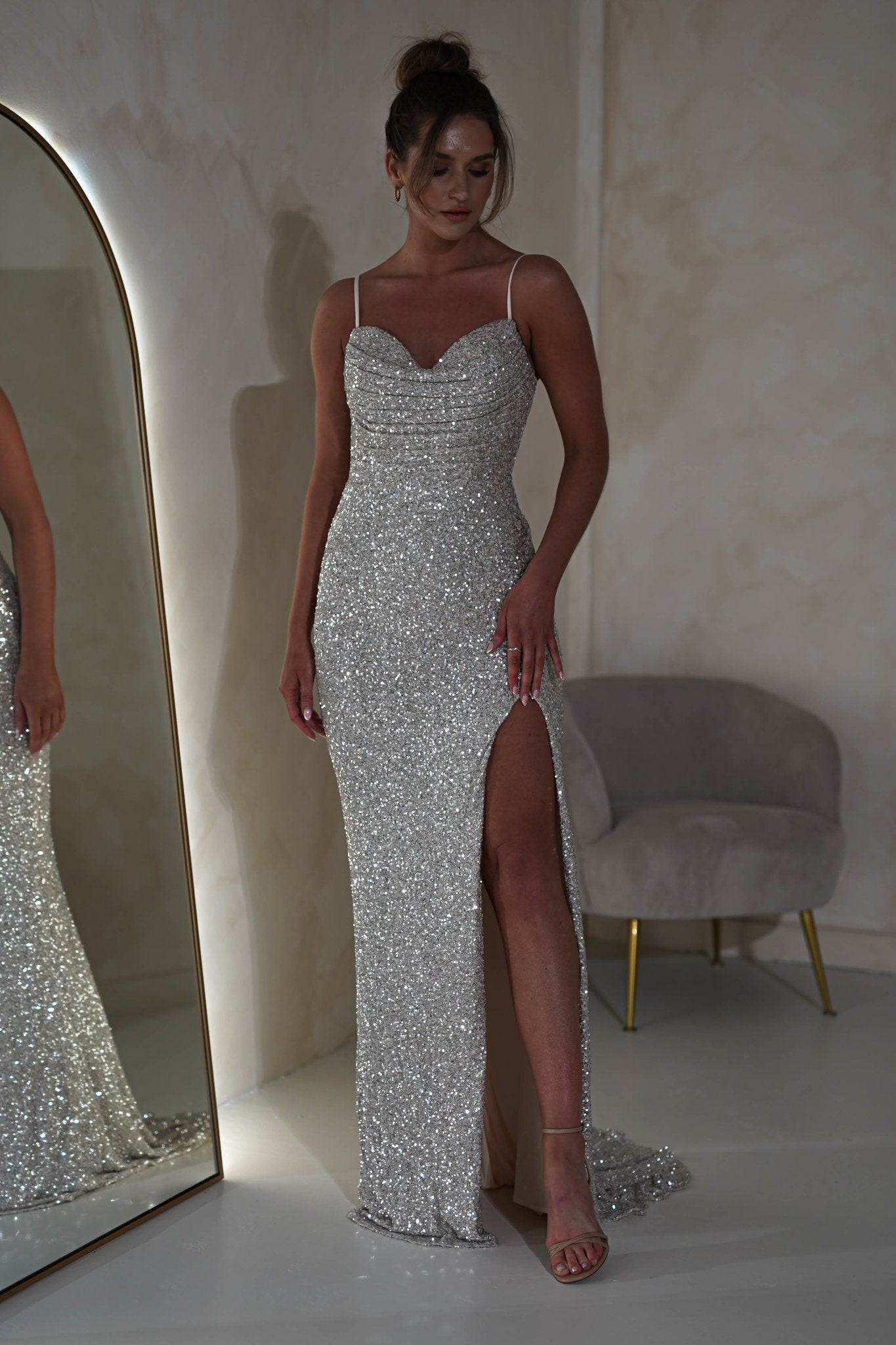 Audrina Bodycon Sequin Gown | Silver/Nude | Graduation | Bride To Be Hen Dress | Oh Hello Clothing