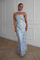 Oh Hello Clothing Women > Clothing > Dresses Auria Gold Textured Floral Applique Maxi Dress | Blue