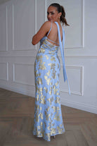 Oh Hello Clothing Women > Clothing > Dresses Auria Gold Textured Floral Applique Maxi Dress | Blue