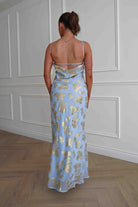 Oh Hello Clothing Women > Clothing > Dresses Auria Gold Textured Floral Applique Maxi Dress | Blue