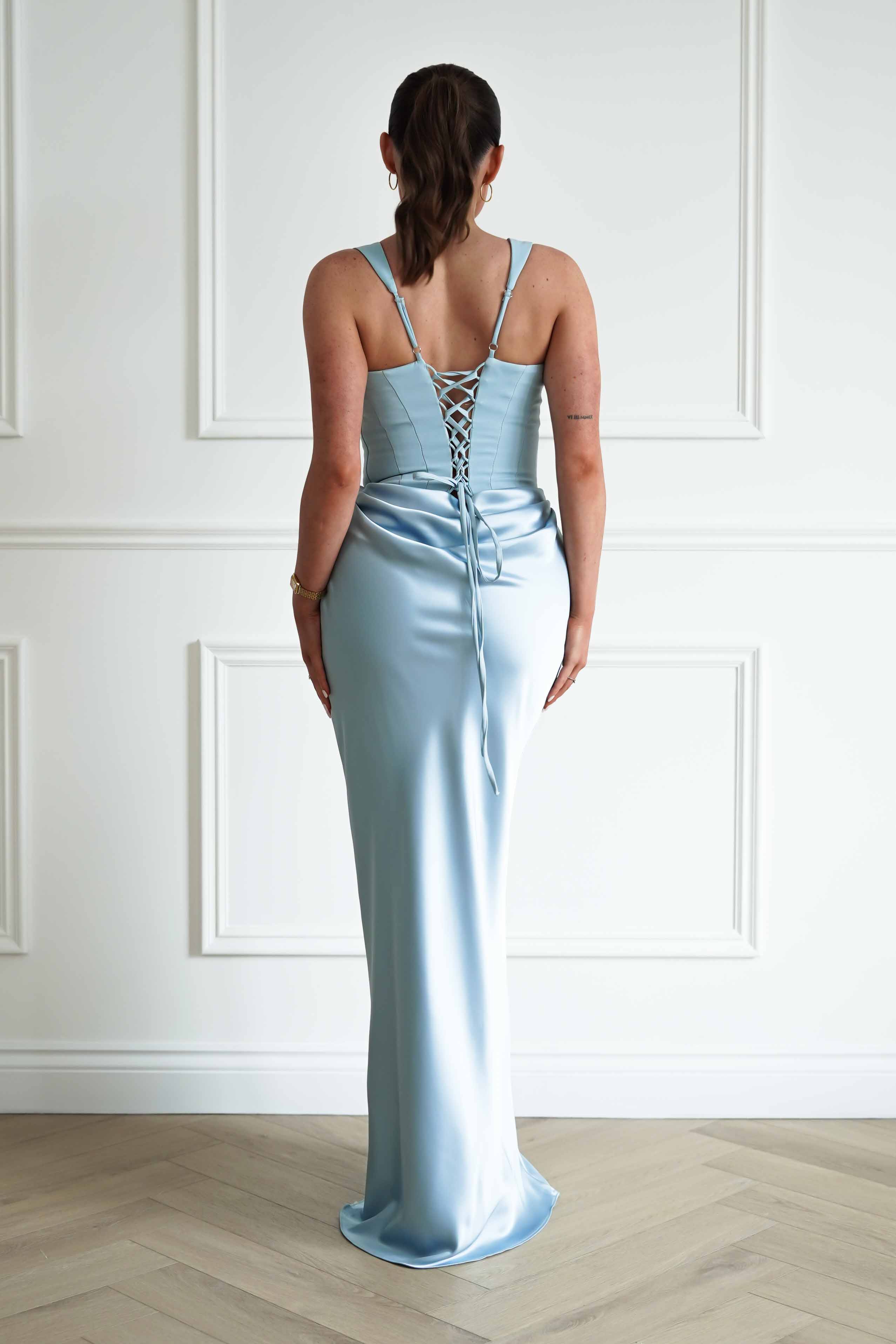 Oh Hello Clothing Women > Clothing > Dresses Avery Ruched Sweetheart Satin Maxi Dress | Blue