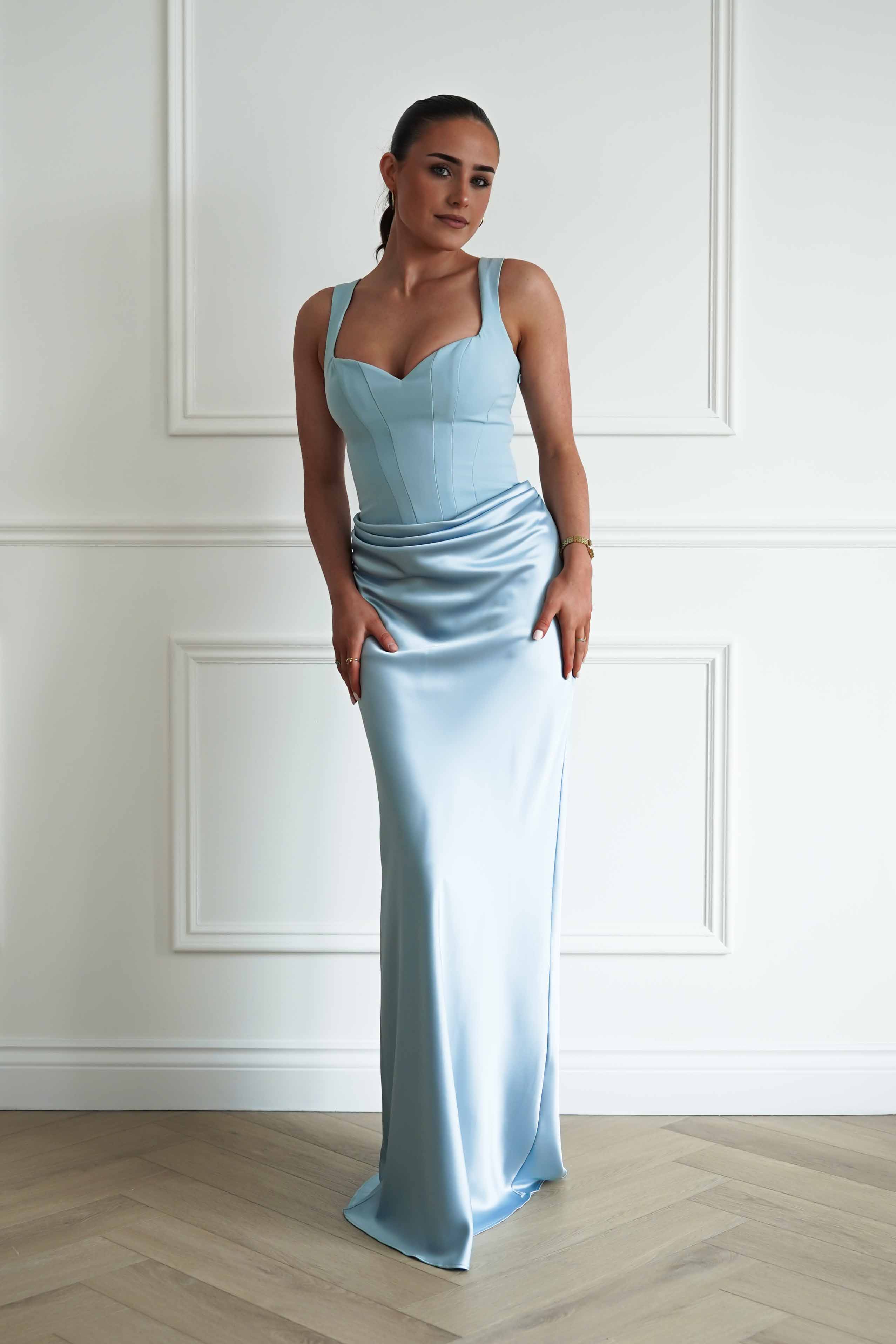 Oh Hello Clothing Women > Clothing > Dresses Avery Ruched Sweetheart Satin Maxi Dress | Blue