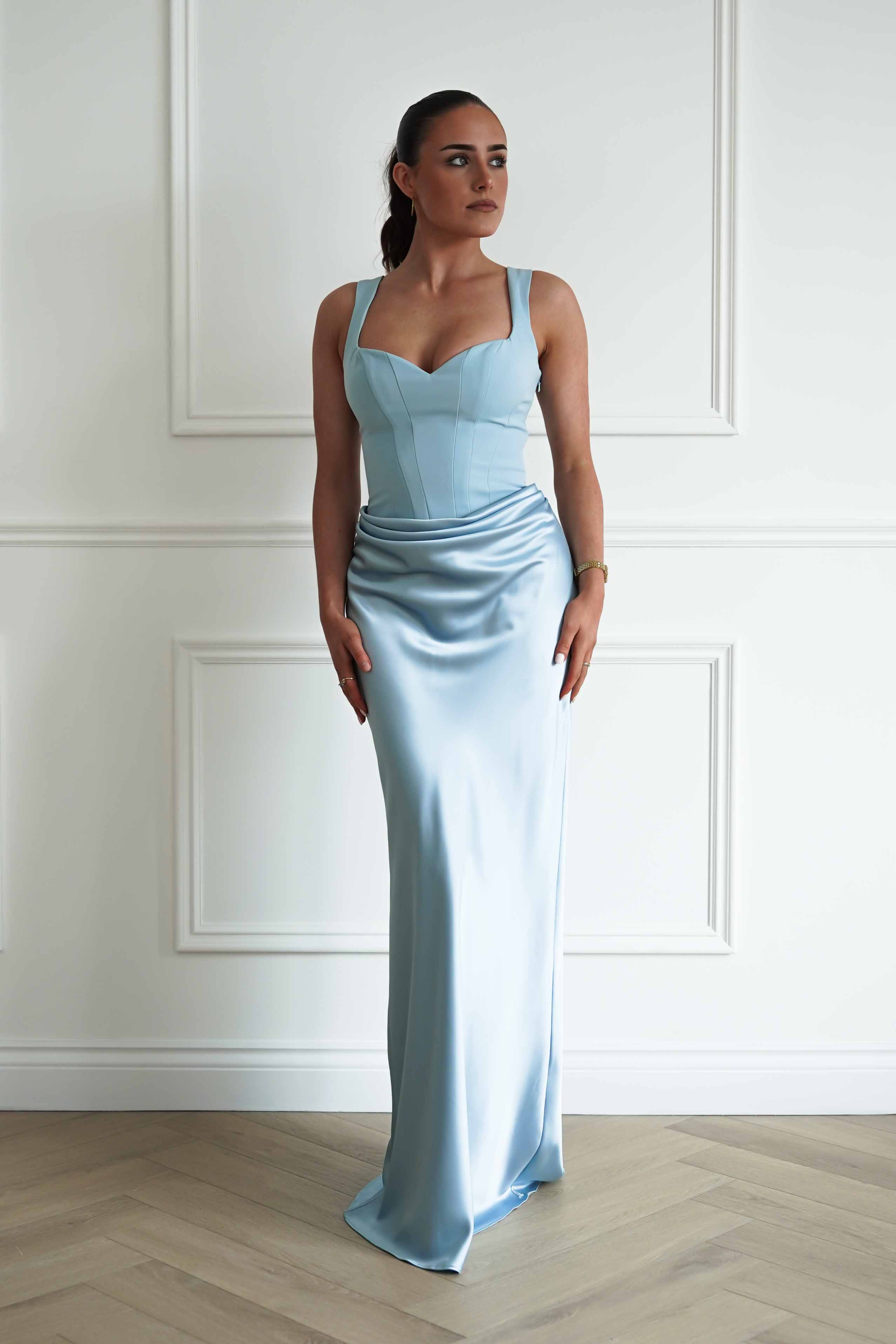Oh Hello Clothing Women > Clothing > Dresses Avery Ruched Sweetheart Satin Maxi Dress | Blue