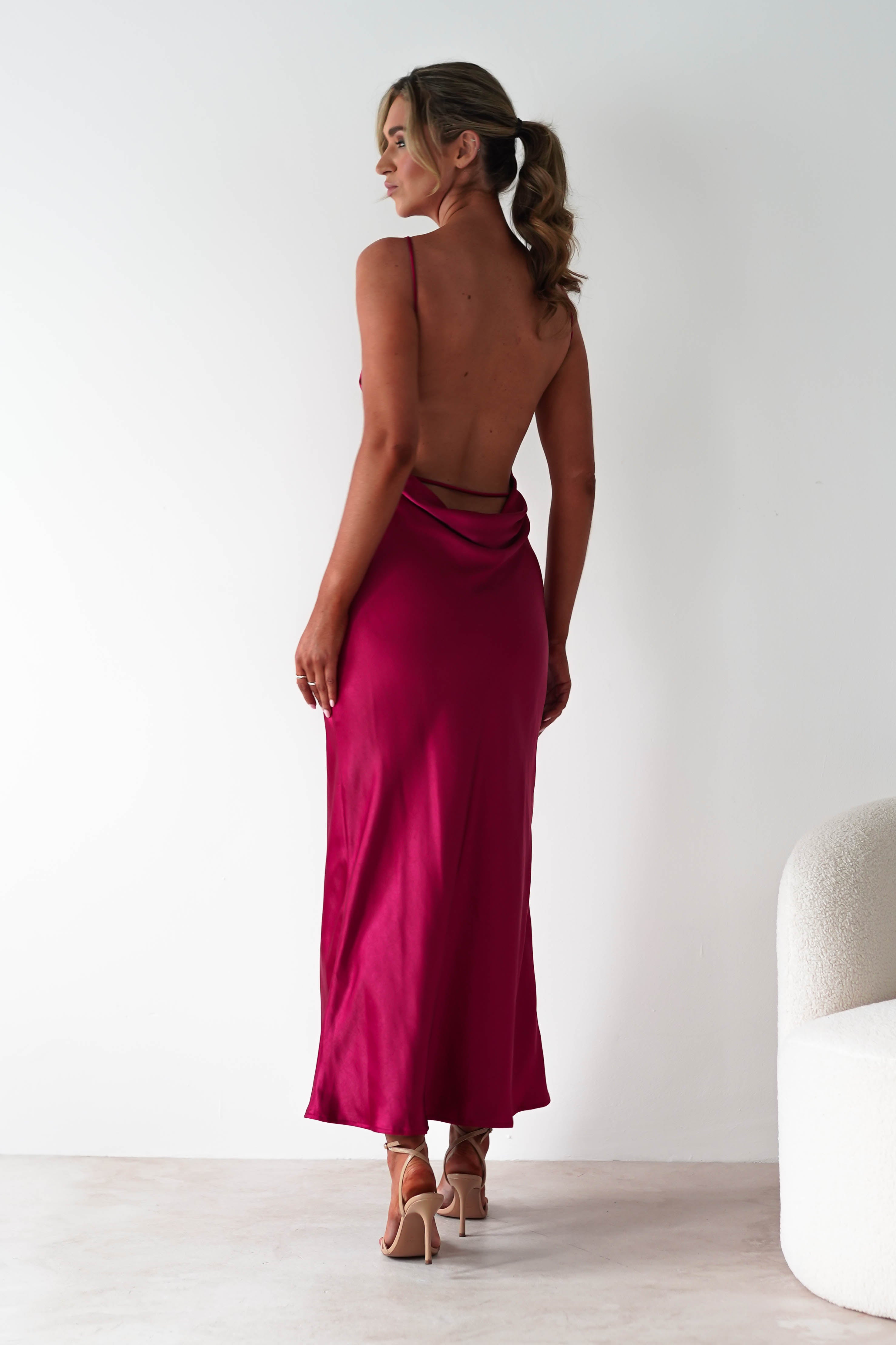 Bayleigh Soft Satin Maxi Dress Berry Red | Wedding Guest Dress | Maxi | Satin | Oh Hello Clothing