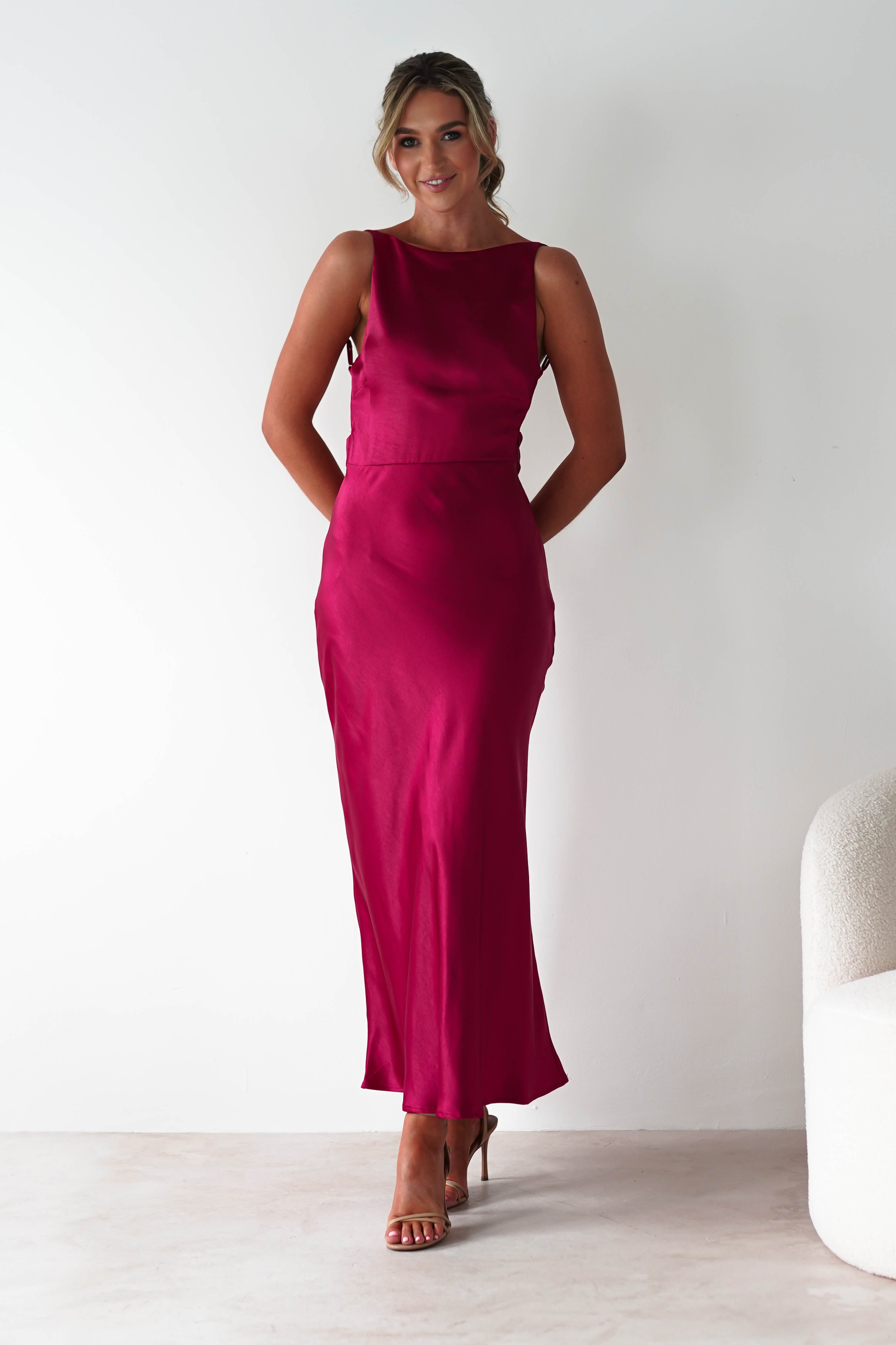 Bayleigh Soft Satin Maxi Dress Berry Red | Wedding Guest Dress | Maxi | Satin | Oh Hello Clothing