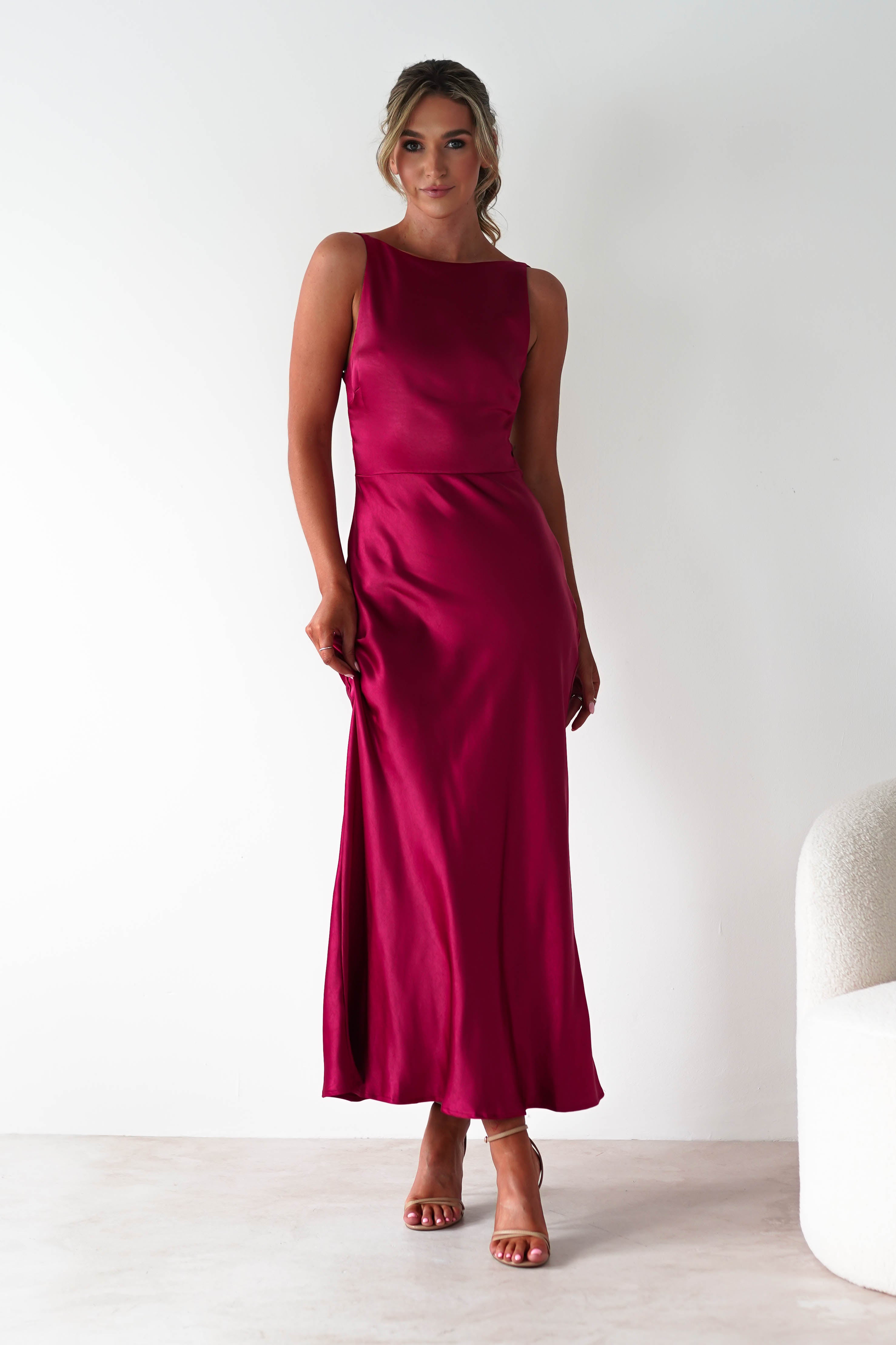 Bayleigh Soft Satin Maxi Dress Berry Red | Wedding Guest Dress | Maxi | Satin | Oh Hello Clothing