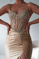 Oh Hello Clothing Dresses > Prom Dresses Becca Embellished Corset Evening Gown | Gold