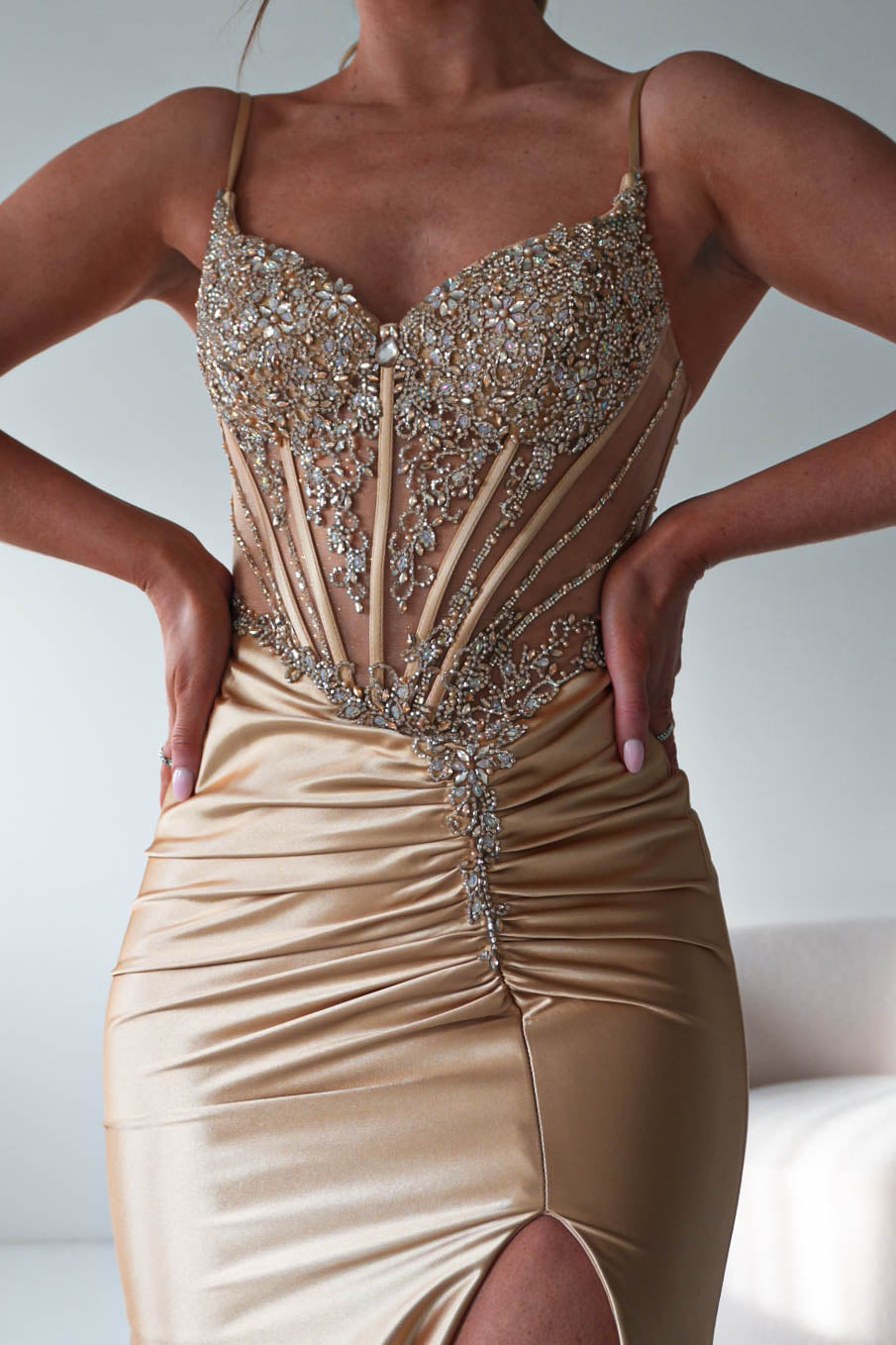 Oh Hello Clothing Dresses > Prom Dresses Becca Embellished Corset Evening Gown | Gold