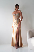 Oh Hello Clothing Dresses > Prom Dresses Becca Embellished Corset Evening Gown | Gold
