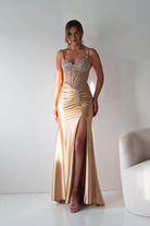 Oh Hello Clothing Dresses > Prom Dresses Becca Embellished Corset Evening Gown | Gold