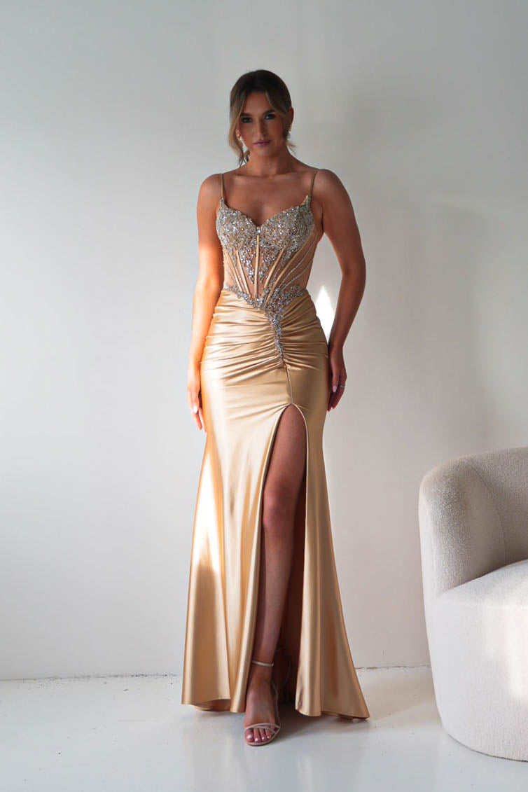 Oh Hello Clothing Dresses > Prom Dresses Becca Embellished Corset Evening Gown | Gold