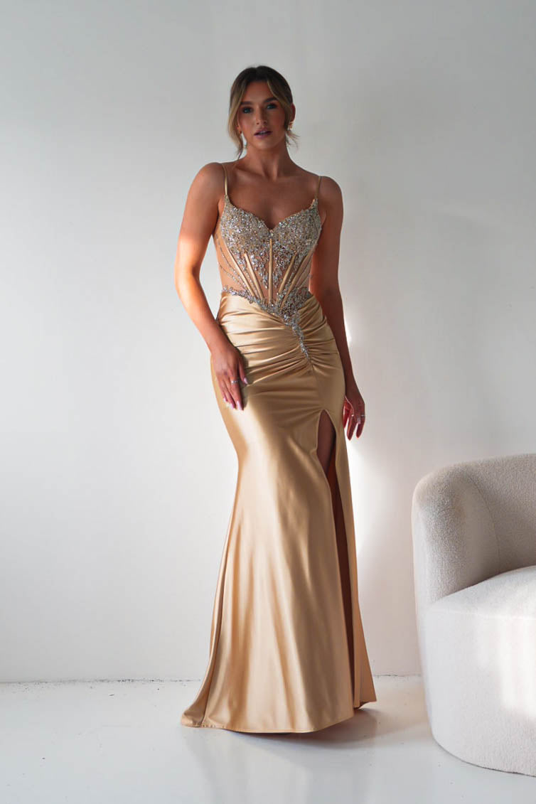 Oh Hello Clothing Dresses > Prom Dresses Becca Embellished Corset Evening Gown | Gold