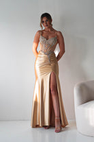Oh Hello Clothing Dresses > Prom Dresses Becca Embellished Corset Evening Gown | Gold