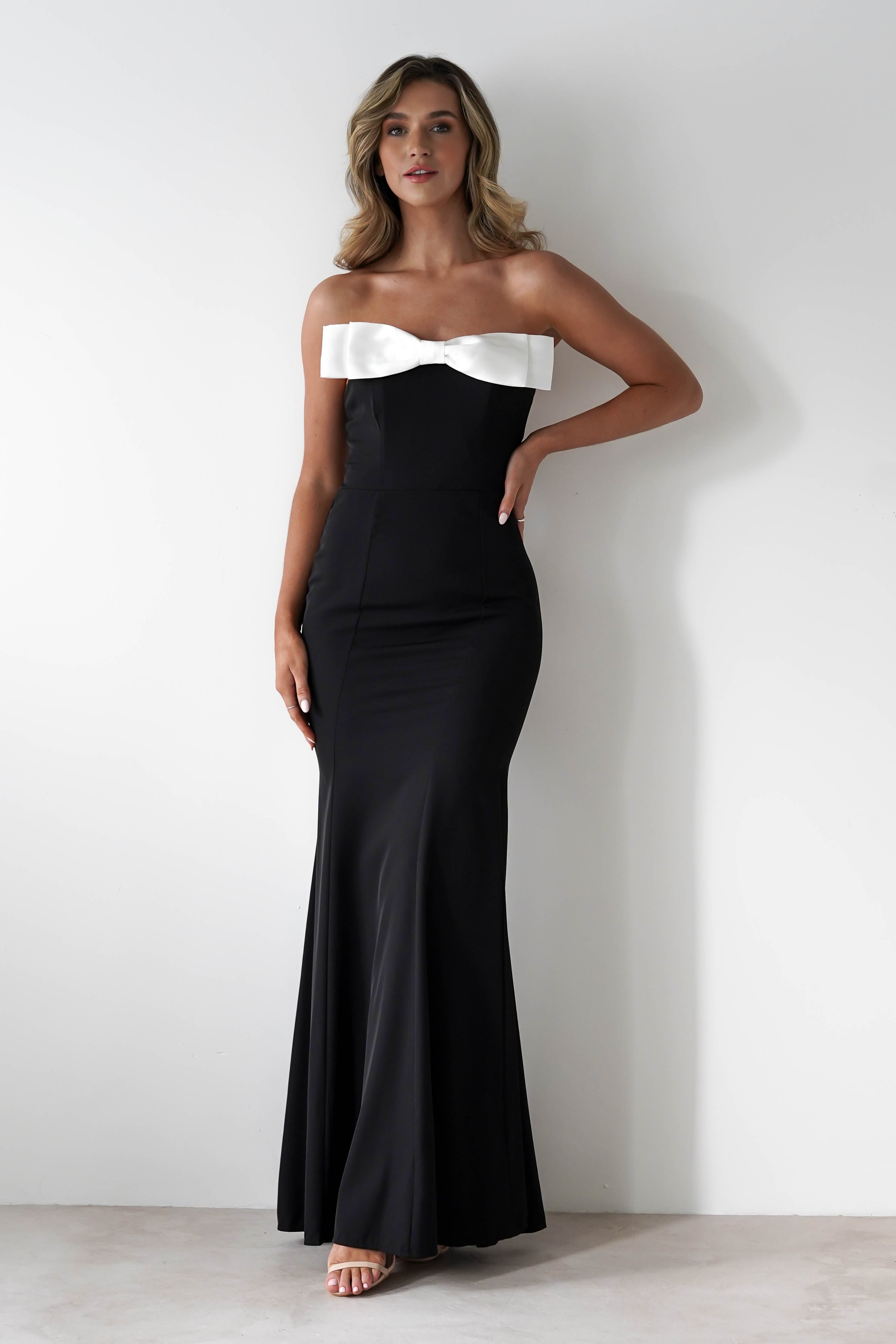Beckett Strapless Bow Maxi Dress Black/White | Wedding Guest Dress | Maxi | Oh Hello Clothing