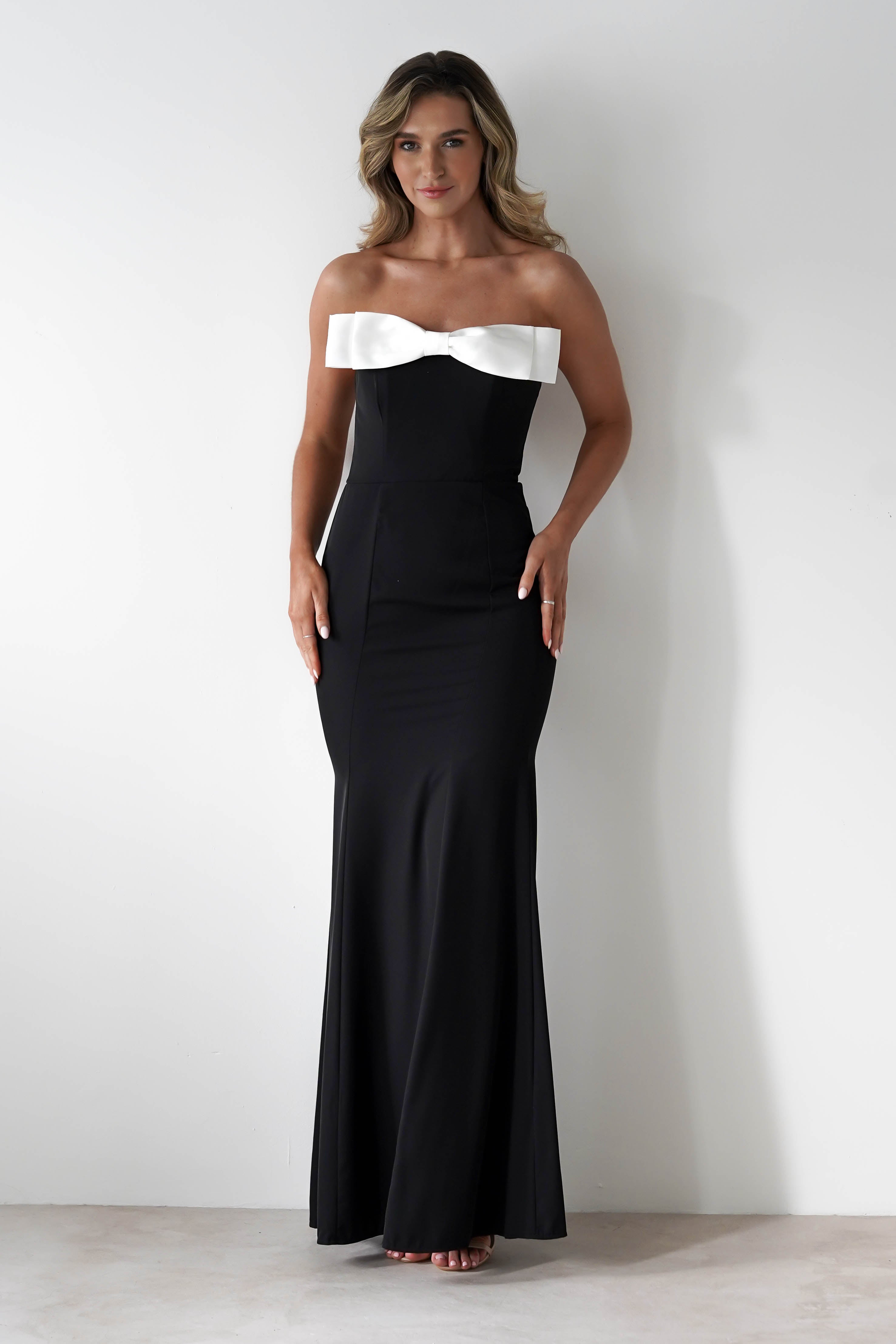 Beckett Strapless Bow Maxi Dress Black/White | Wedding Guest Dress | Maxi | Oh Hello Clothing