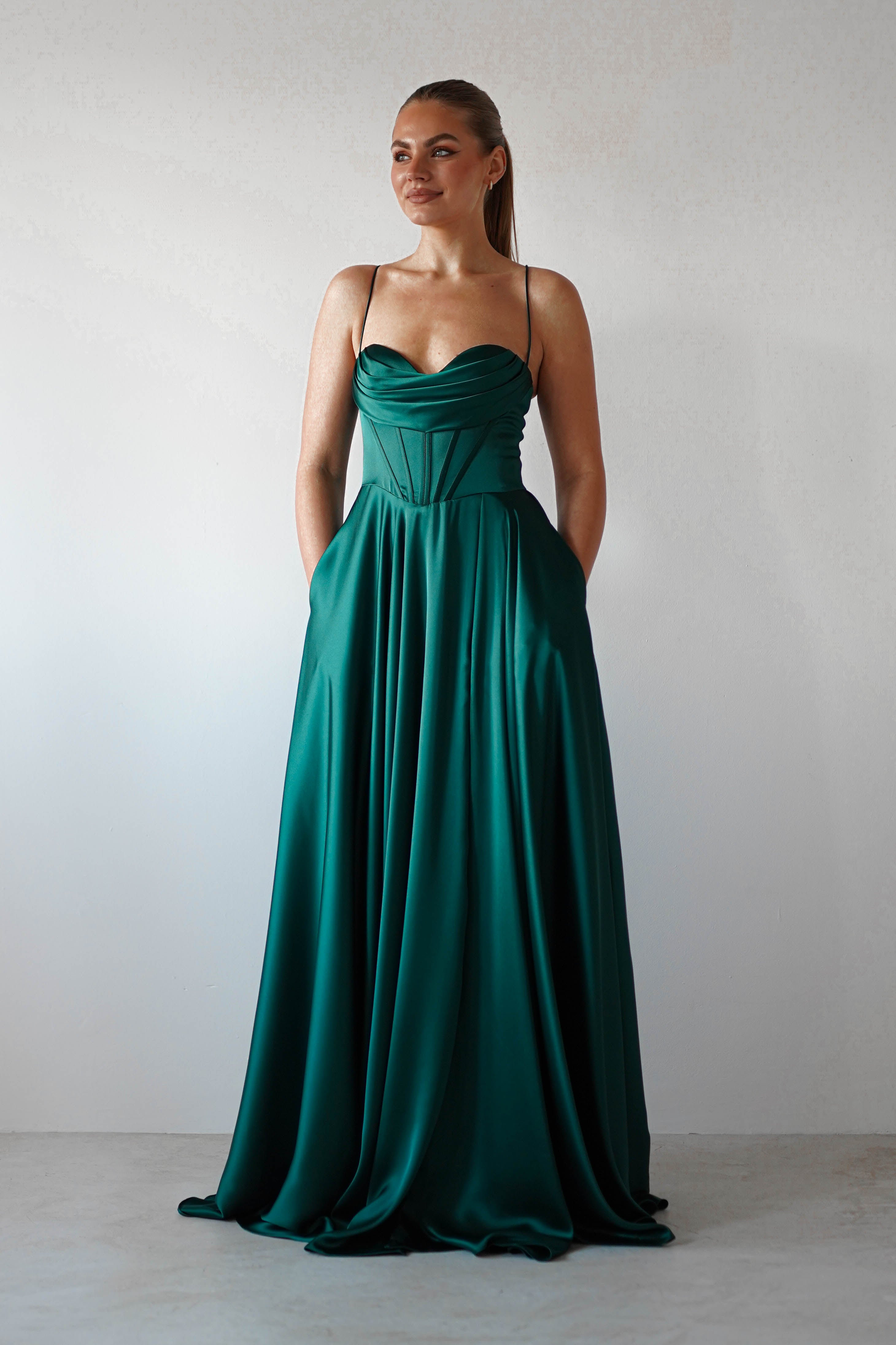 Bella Luxe Aline Satin Gown | Emerald | Debs & Prom | Formal Gown | Oh Hello Clothing