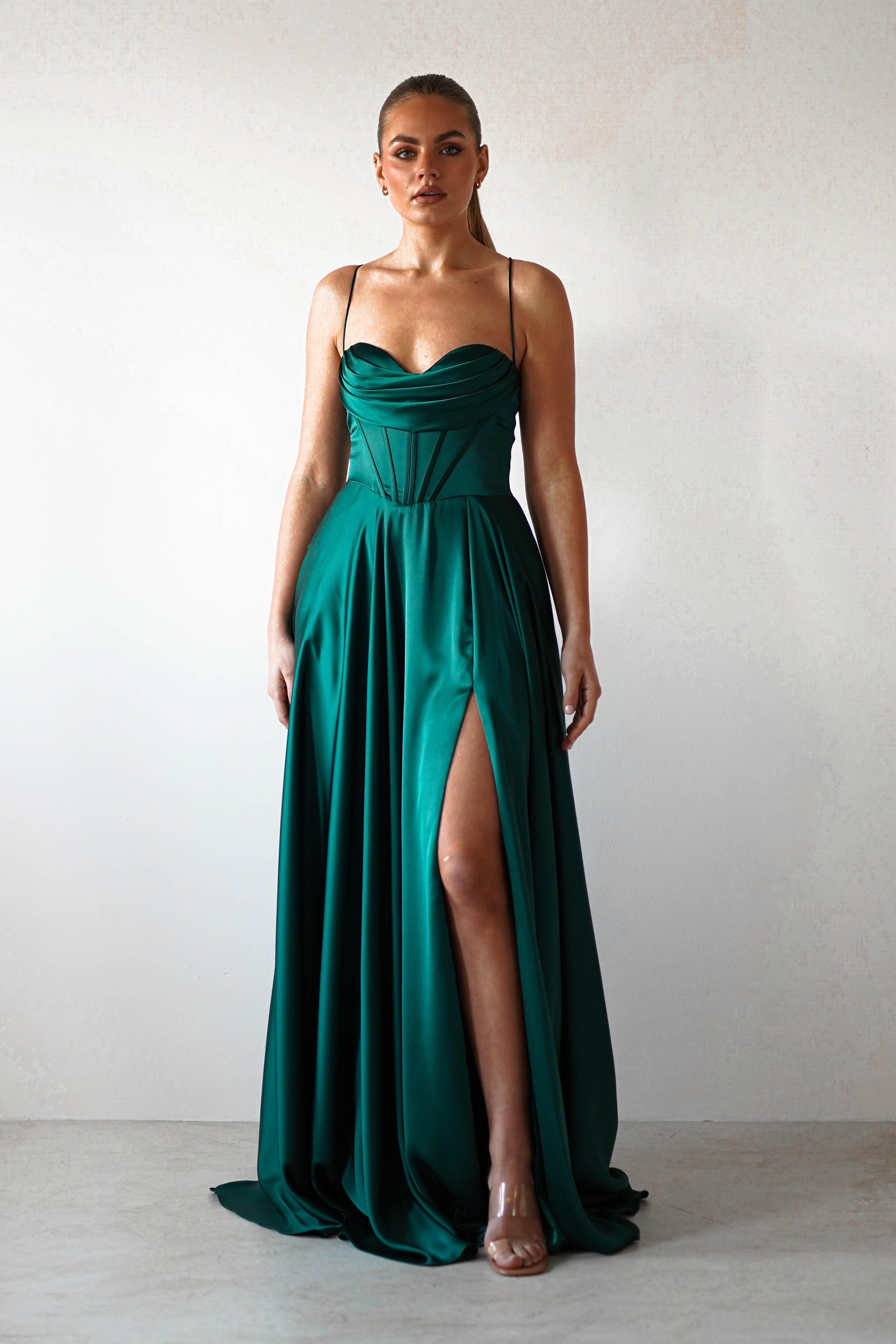 Bella Luxe Aline Satin Gown | Emerald | Debs & Prom | Formal Gown | Oh Hello Clothing