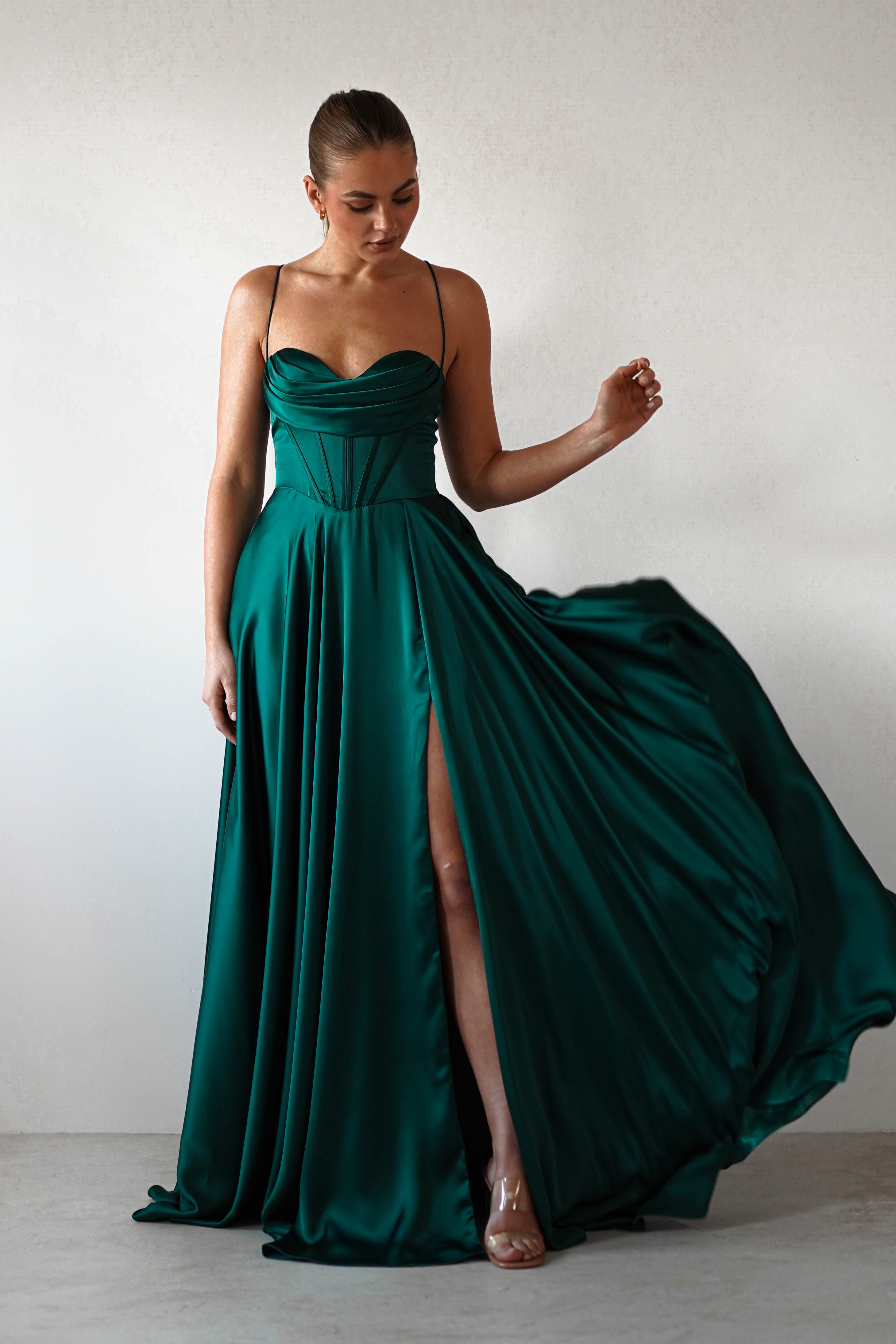 Bella Luxe Aline Satin Gown | Emerald | Debs & Prom | Formal Gown | Oh Hello Clothing