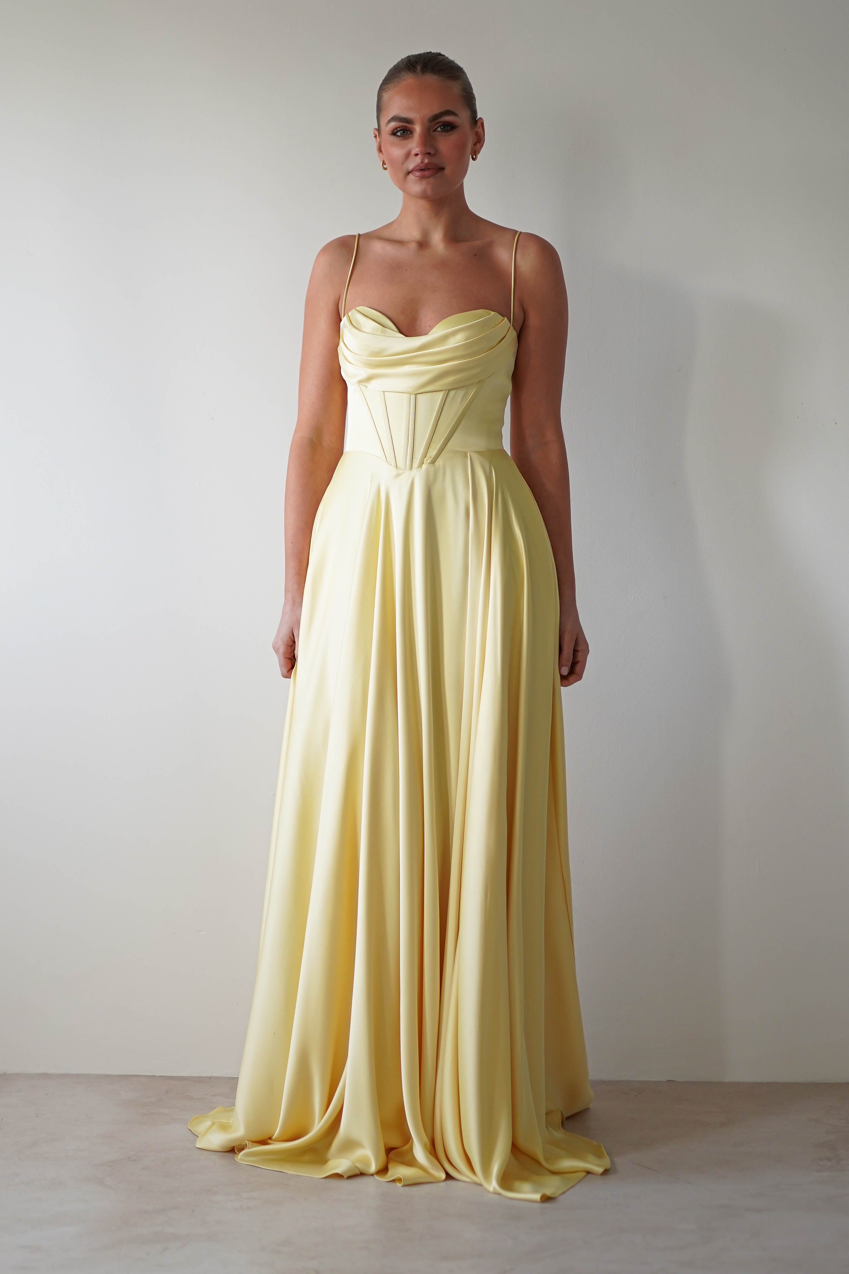 Bella Luxe Aline Satin Gown | Yellow | Debs & Prom | Formal Gown | Oh Hello Clothing