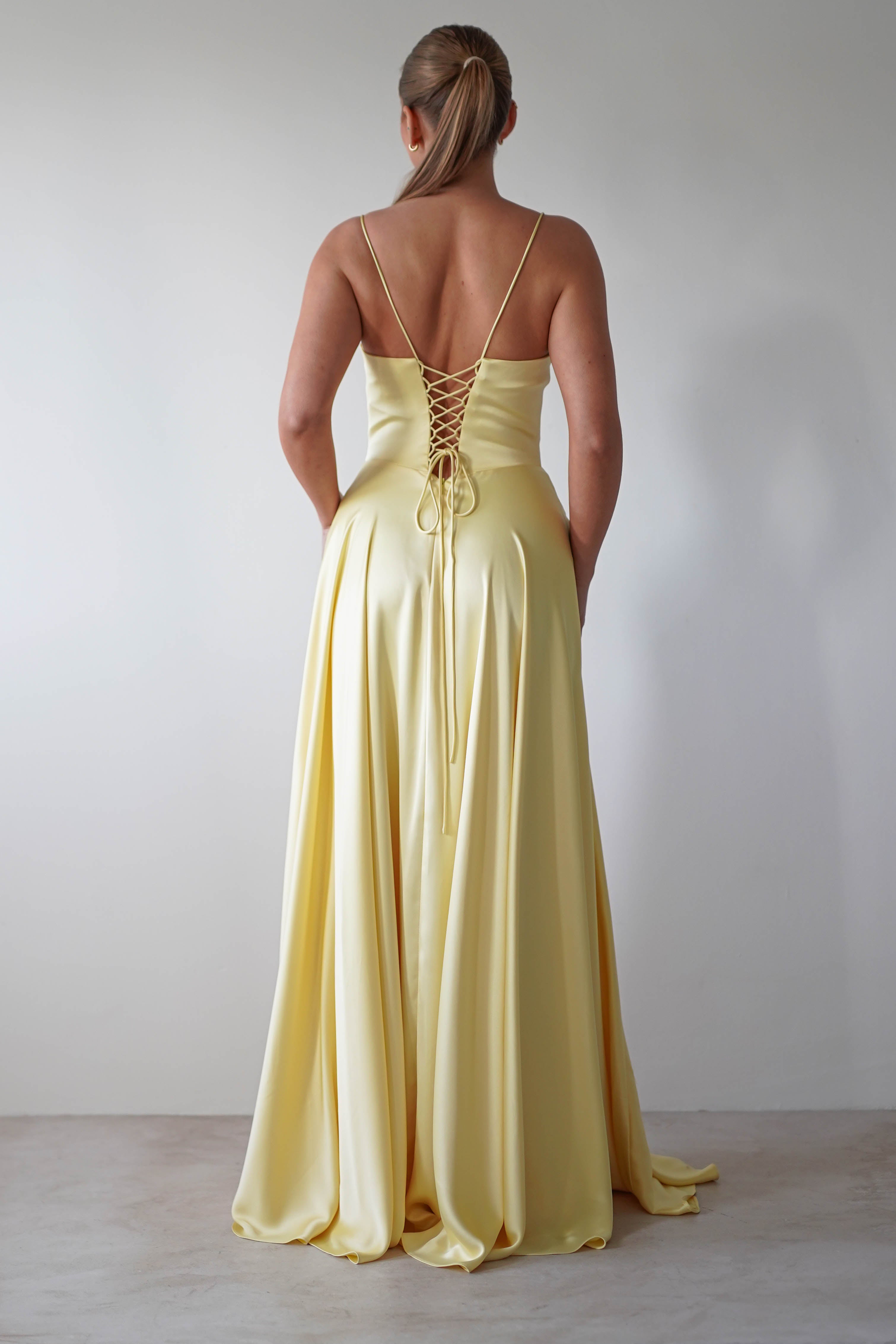 Bella Luxe Aline Satin Gown | Yellow | Debs & Prom | Formal Gown | Oh Hello Clothing