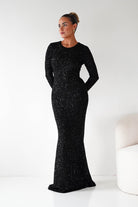 Oh Hello Clothing Dresses Bertina Long Sleeve Sequin Maxi Gown | Black