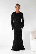 Oh Hello Clothing Dresses Bertina Long Sleeve Sequin Maxi Gown | Black