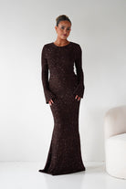 Oh Hello Clothing Dresses Bertina Long Sleeve Sequin Maxi Gown | Brown