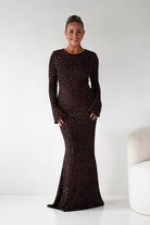 Oh Hello Clothing Dresses Bertina Long Sleeve Sequin Maxi Gown | Brown