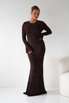 Oh Hello Clothing Dresses Bertina Long Sleeve Sequin Maxi Gown | Brown
