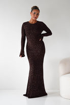 Oh Hello Clothing Dresses Bertina Long Sleeve Sequin Maxi Gown | Brown