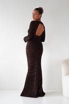 Oh Hello Clothing Dresses Bertina Long Sleeve Sequin Maxi Gown | Brown
