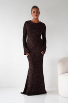 Oh Hello Clothing Dresses Bertina Long Sleeve Sequin Maxi Gown | Brown