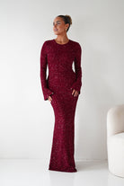 Oh Hello Clothing Dresses Bertina Long Sleeve Sequin Maxi Gown | Burgundy