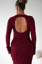 Oh Hello Clothing Dresses Bertina Long Sleeve Sequin Maxi Gown | Burgundy